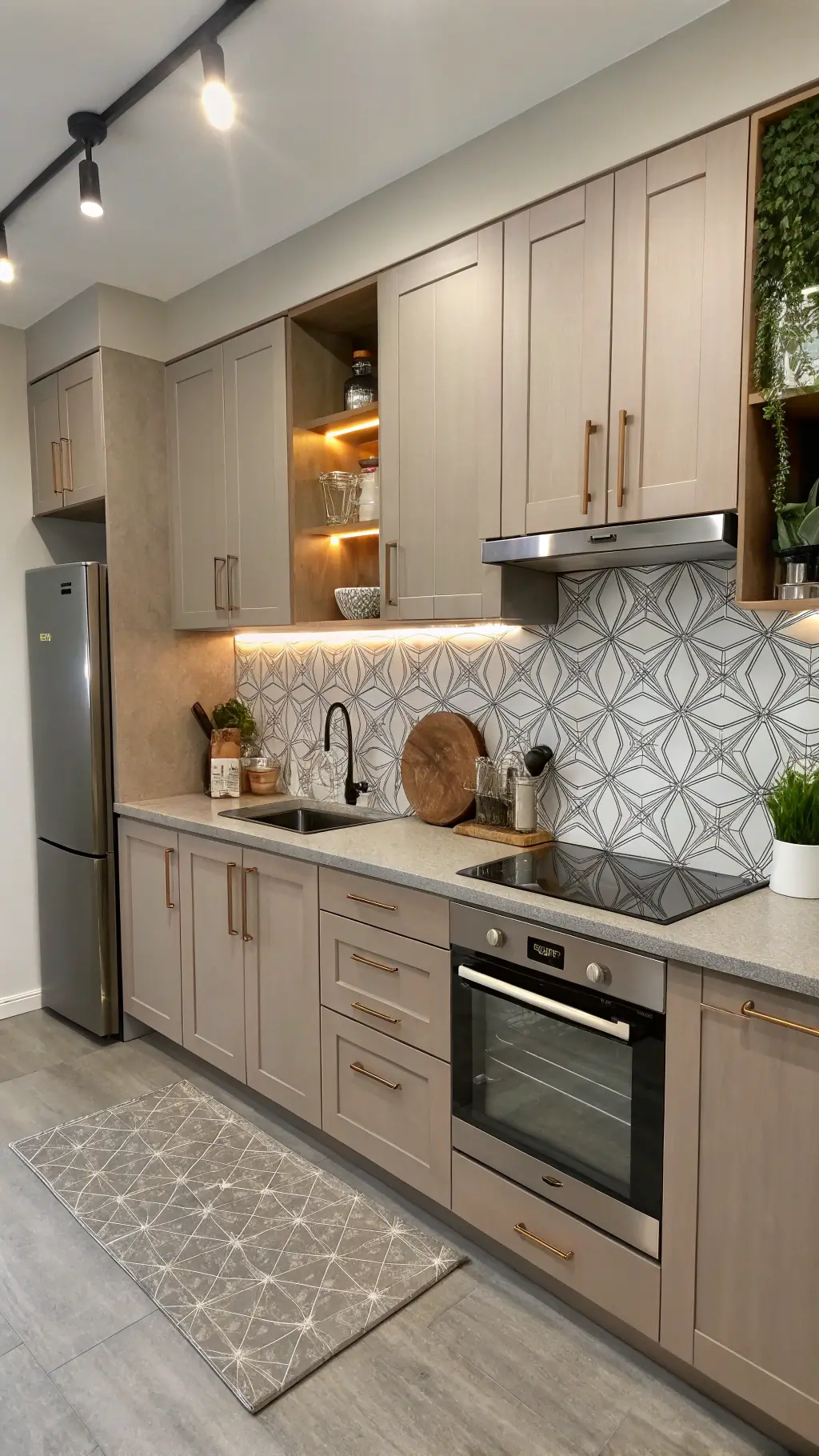Compact urban kitchen with taupe cabinets, stainless steel appliances, concrete-look countertops, and geometric tile backsplash, accentuated with copper accessories and plant arrangements