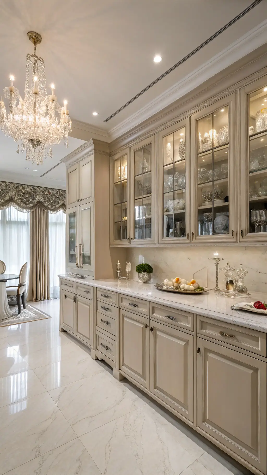 Luxurious kitchen with taupe cabinets, marble countertops, polished nickel hardware, and styled decor in soft afternoon light.