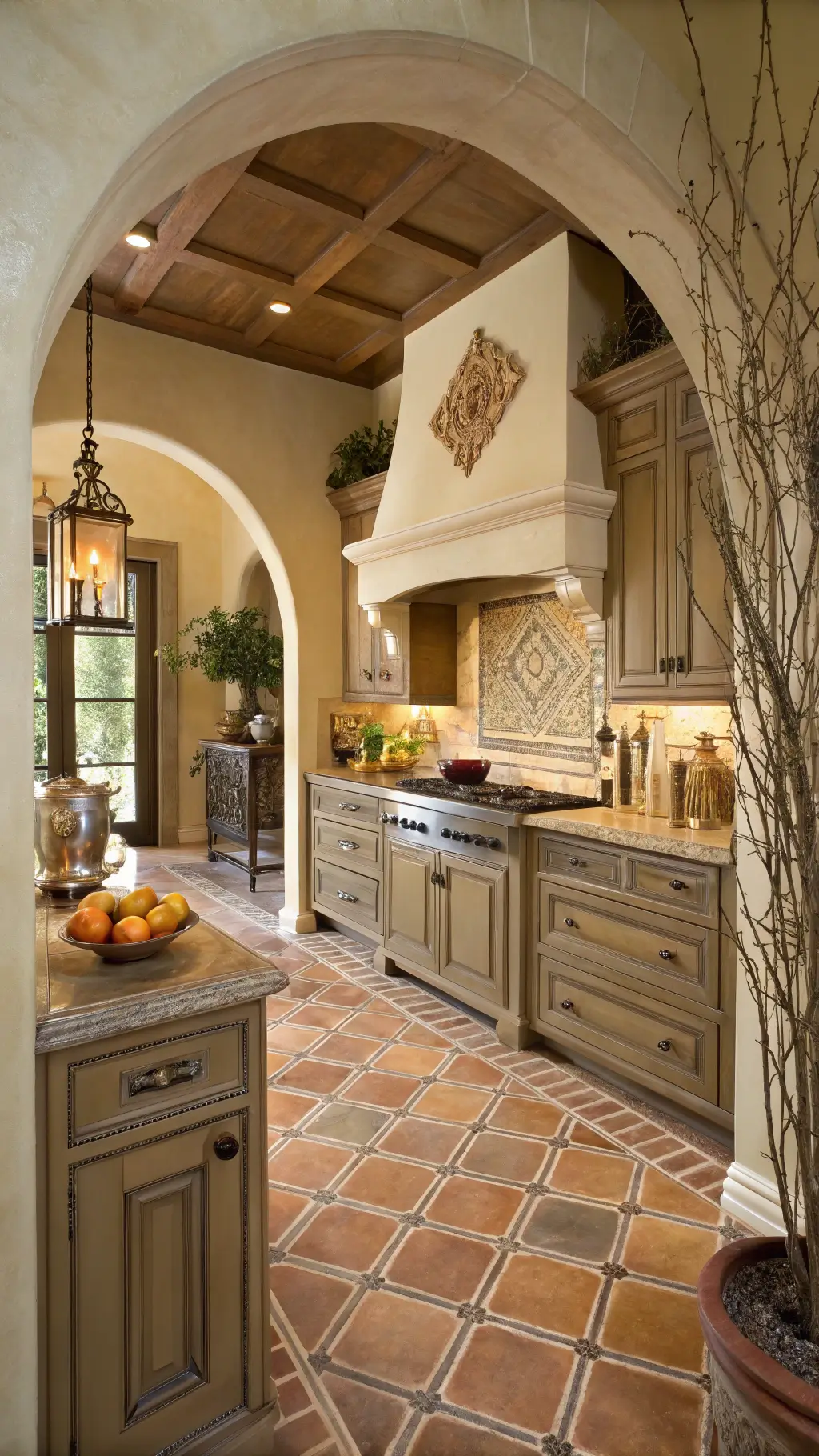 Mediterranean-style kitchen with taupe cabinets, limestone countertops, terracotta tile flooring, antique brass hardware, and decorative touches such as olive branches and ceramic pieces bathed in golden hour lighting.