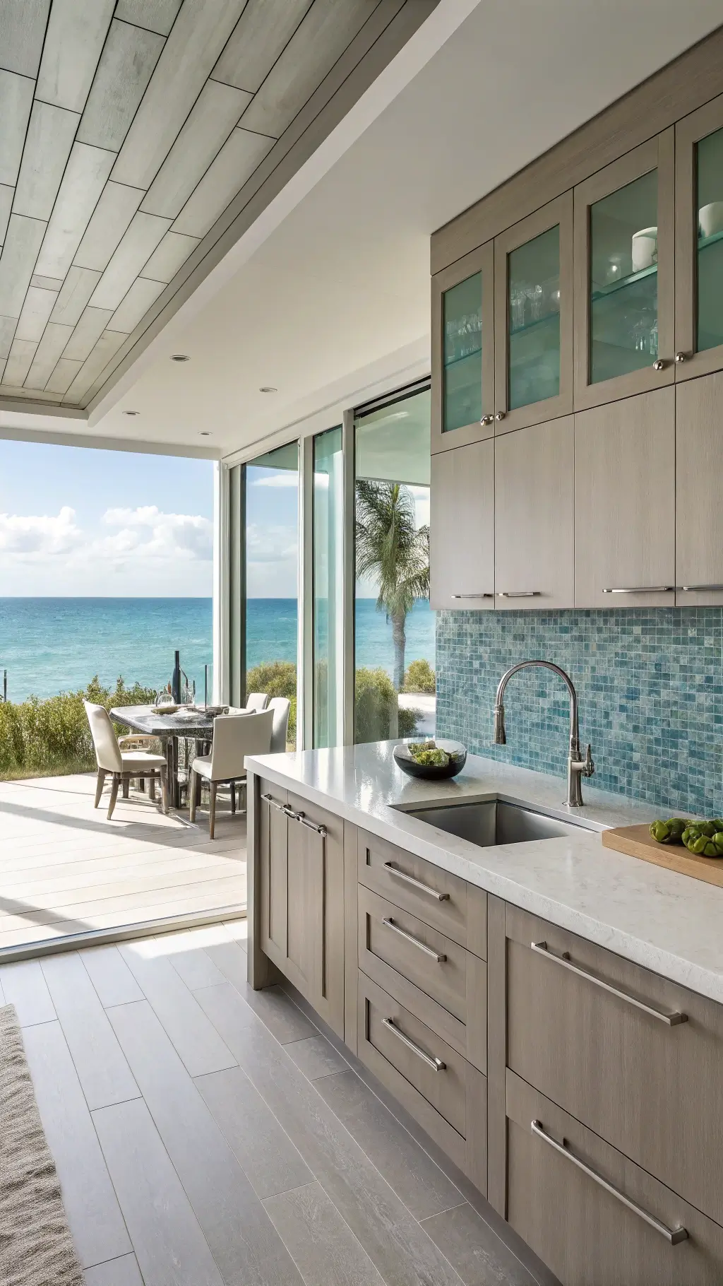 Modern coastal kitchen with taupe cabinets, white quartzite countertops, and sea glass backsplash, decorated with natural elements like driftwood and sea grass, offering stunning ocean views.