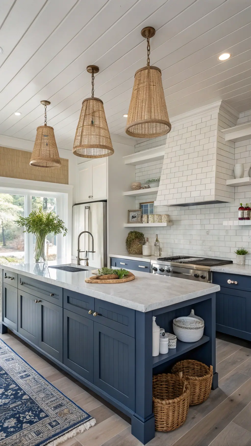 Sunny, coastal-inspired kitchen featuring navy beadboard cabinets, white subway tile backsplash, bleached oak floating shelves, rattan pendant lights, marble island, stainless steel appliances, and décor including white hydrangeas, seagrass baskets, and blue-tinted glassware.