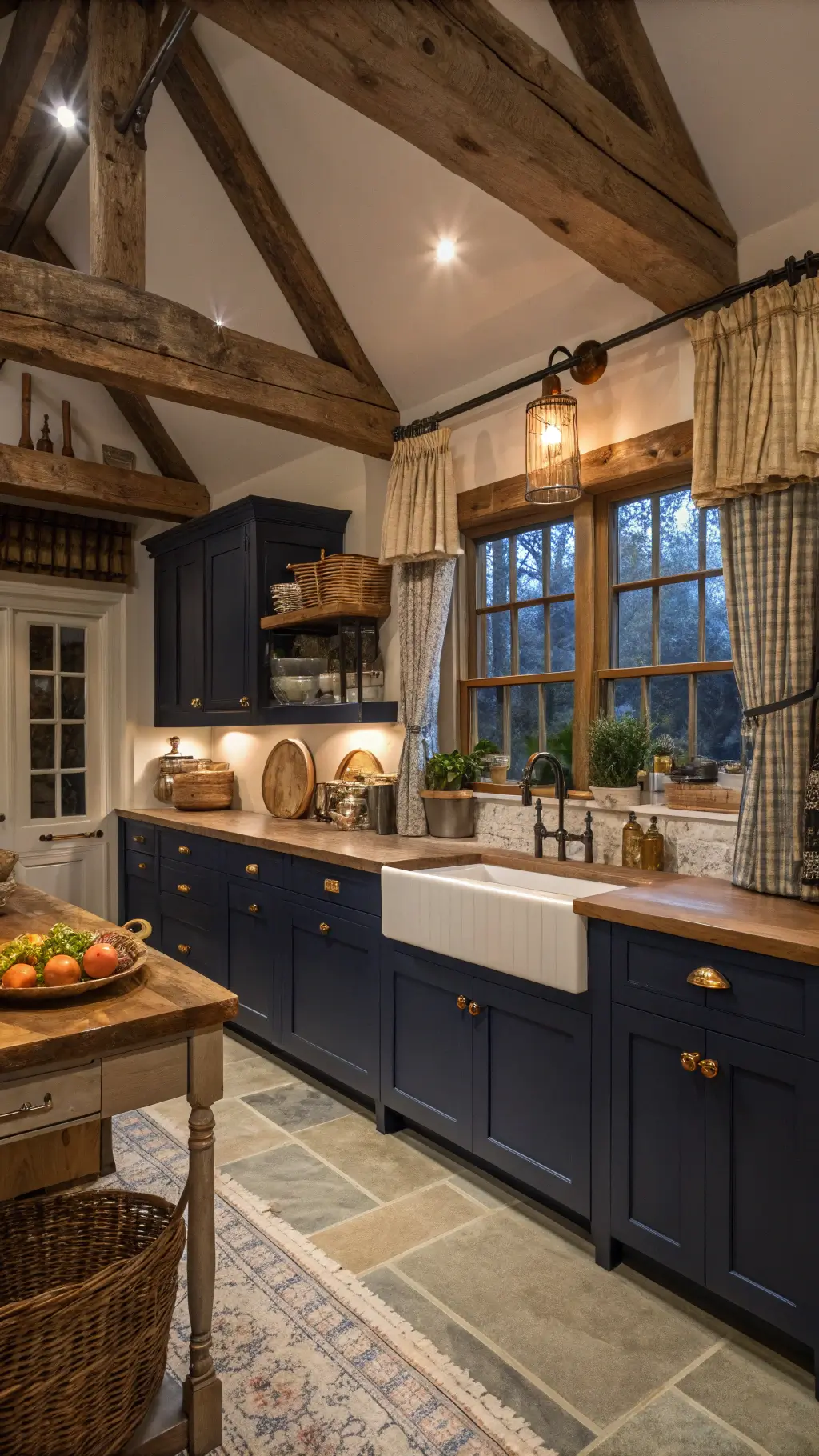 Traditional navy farmhouse kitchen at dusk featuring raised-panel cabinets, antique brass bin pulls, wooden beams, butcher block countertops, a farmhouse sink beneath a window with cafe curtains, styled with vintage copper pots, baskets, and fresh produce, in a rich navy, warm wood, aged brass, cream and terra cotta palette.