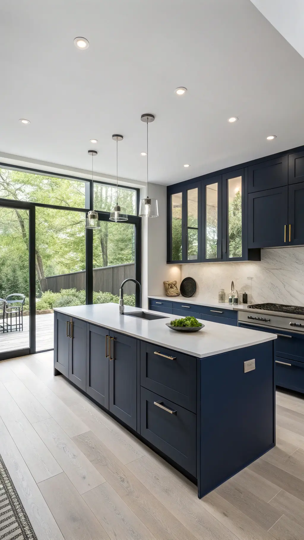 Minimalist navy blue kitchen with large windows, recessed LEDs, waterfall quartz island and chrome fixtures featuring artistic touches in black and white colors.