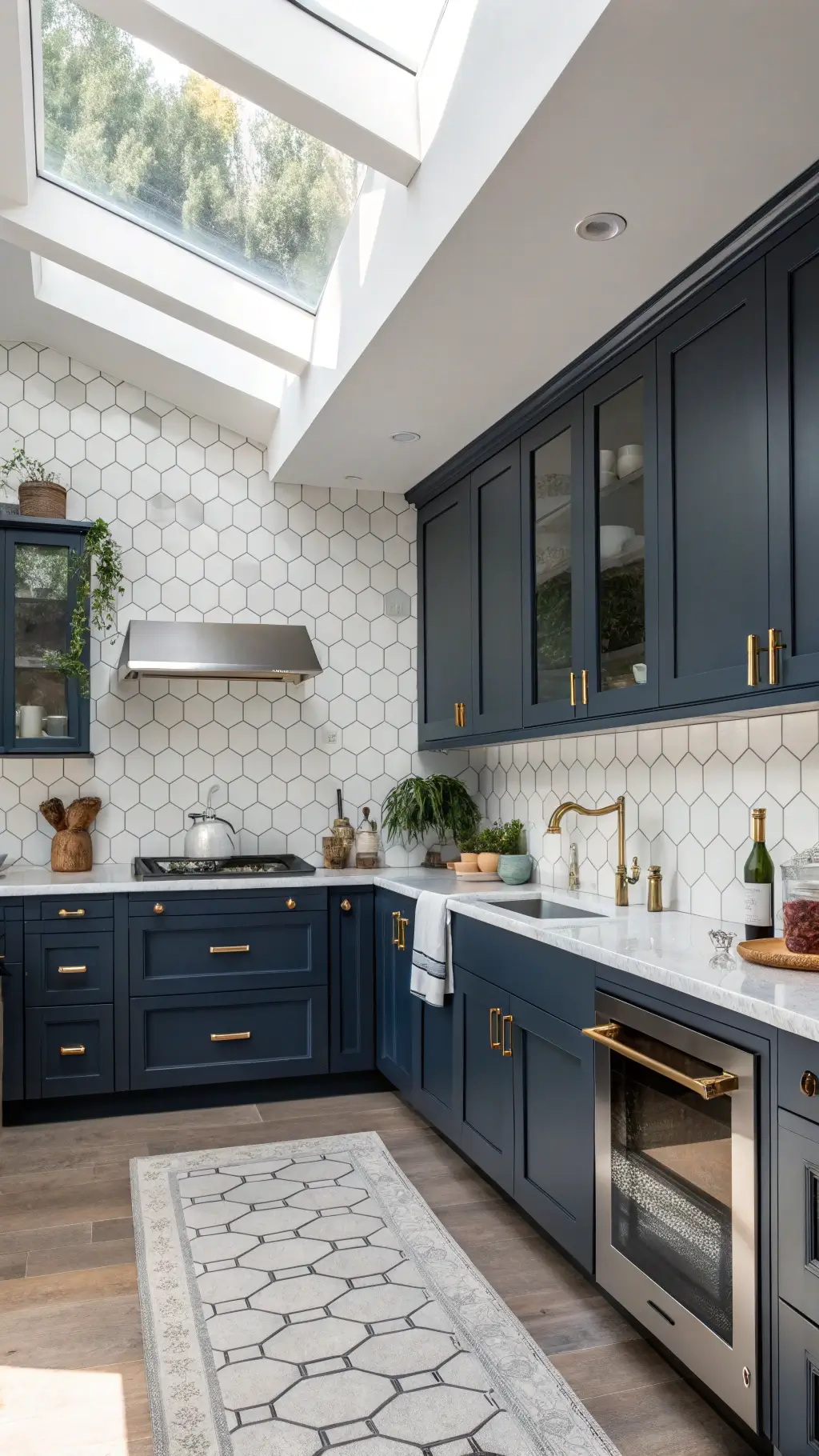 Above view of a transitional navy kitchen with Shaker cabinets, marble hexagon backsplash, mixed metals, an overhead skylight, and styled with white ceramics, potted herbs, and vintage-inspired accessories