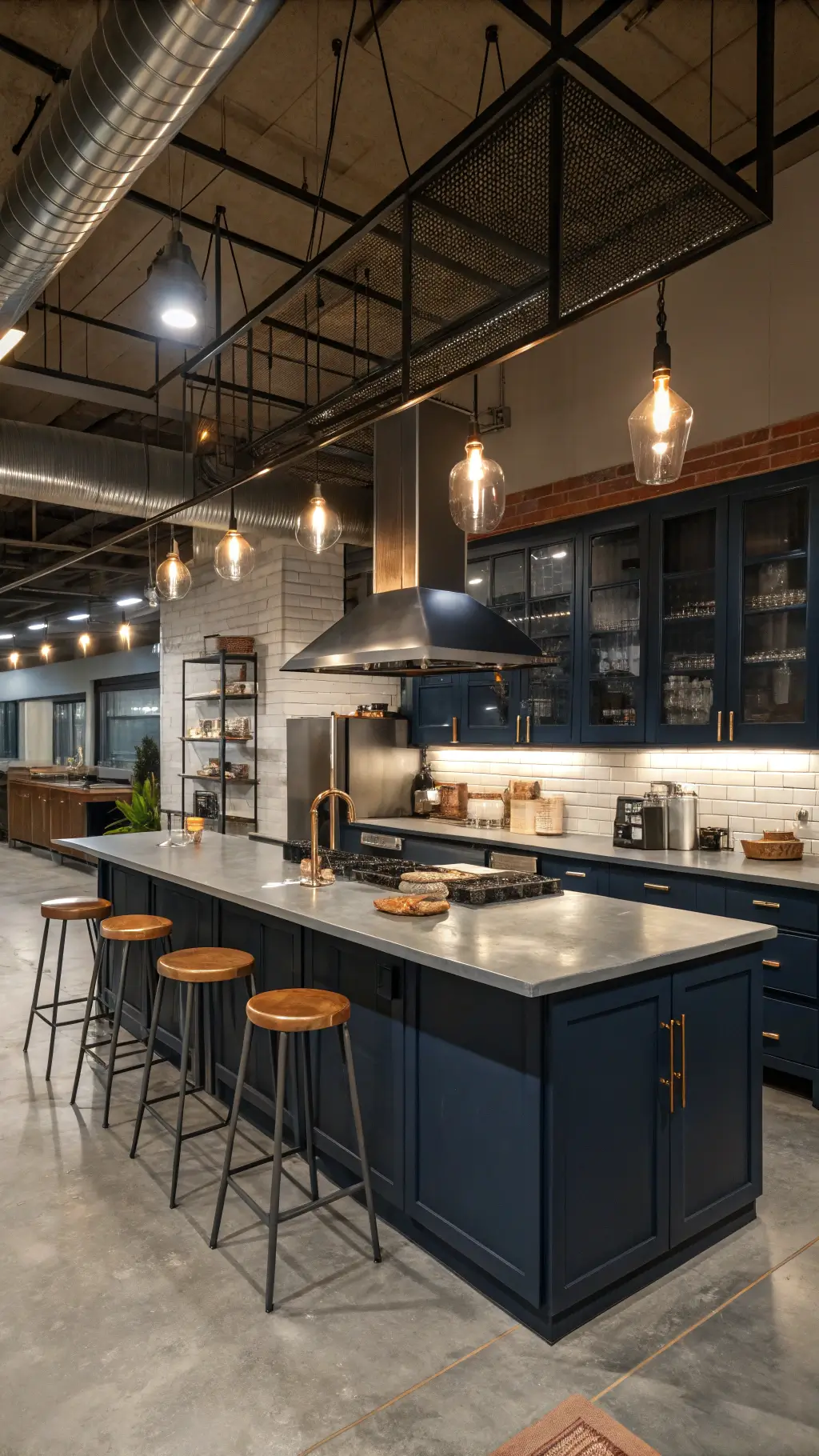 Evening shot of an open-concept 18x22ft industrial navy kitchen with navy metal cabinets, concrete countertops, exposed ductwork, steel beams, warm Edison bulb lights, professional cookware, industrial bar stools and metal accents, shot during blue hour with mixed lighting.
