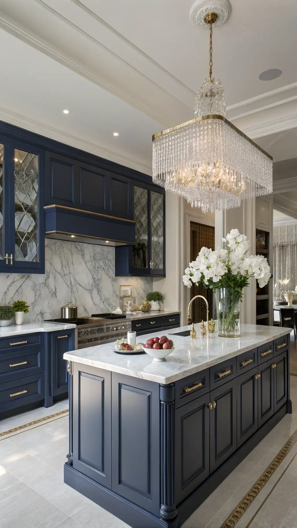 Luxe navy kitchen with high-gloss cabinets, marble backsplash, crystal chandelier over 8ft island, styled with silver serving pieces and art deco accessories in soft afternoon light.