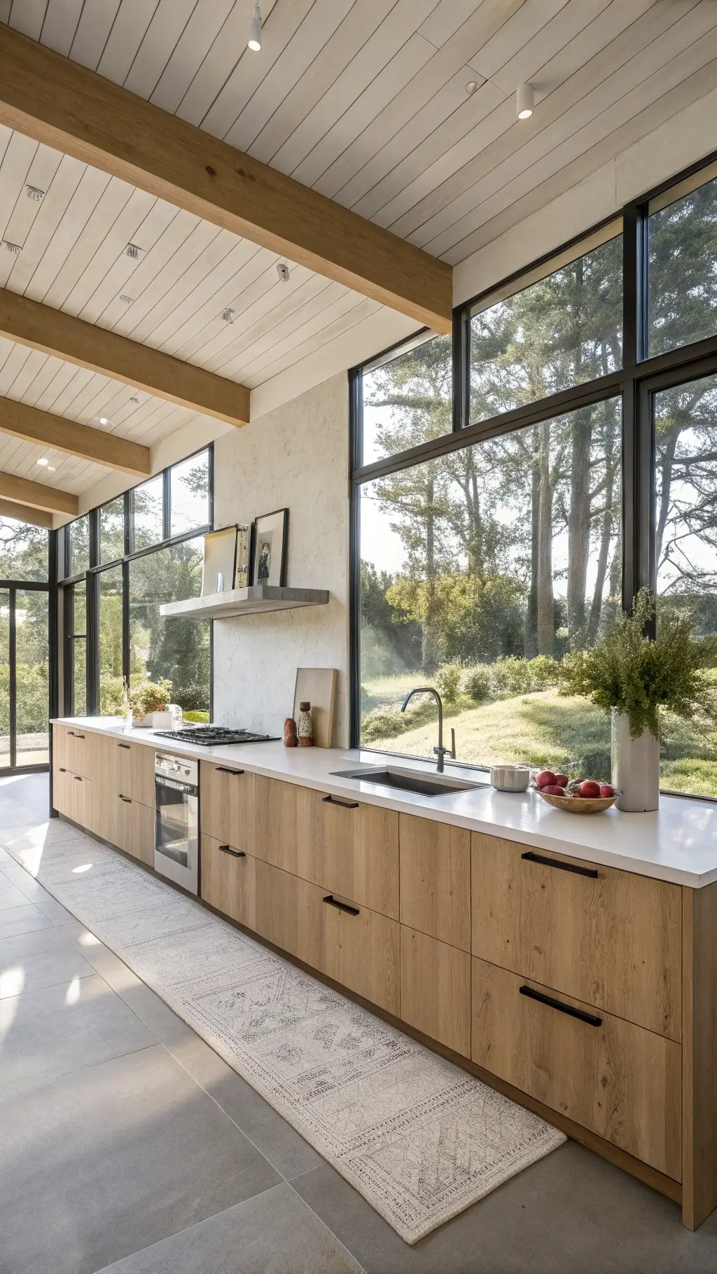 Elevated view of a spacious 25x15ft Nordic-inspired open-concept kitchen with white oak cabinetry, concrete countertops, integrated appliances, and Scandinavian accessories, lit by early morning light through steel-framed windows.