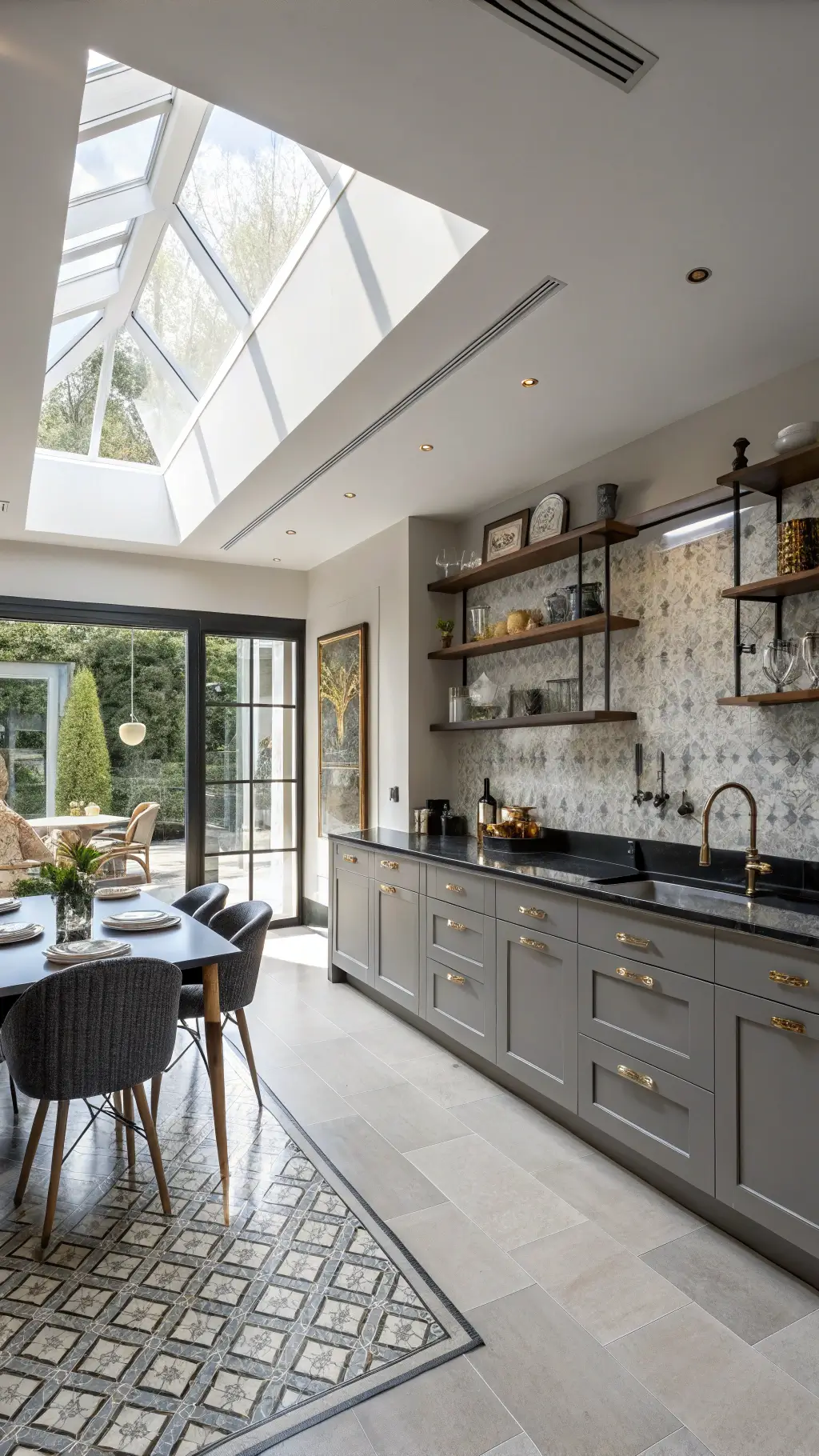 Bright, open-concept kitchen and dining space with high ceilings, skylights, Revere Pewter cabinets, black stone countertops, floating shelves with ceramics, and stylish black and brass accents.