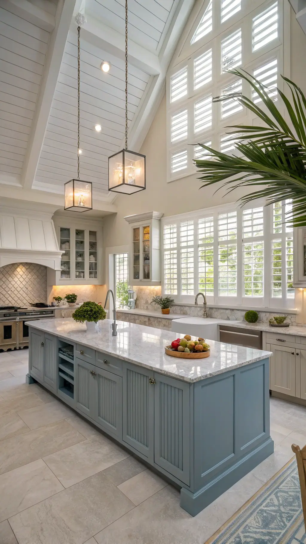 Elevated view of a sophisticated, airy 16x20ft Coastal Contemporary kitchen featuring cathedral ceiling, gleaming white subway tile, soft greige cabinets, blue island with marble top, stylishly adorned with coral, seagrass, blue glass under the warm morning sunlight seeping through plantation shutters.
