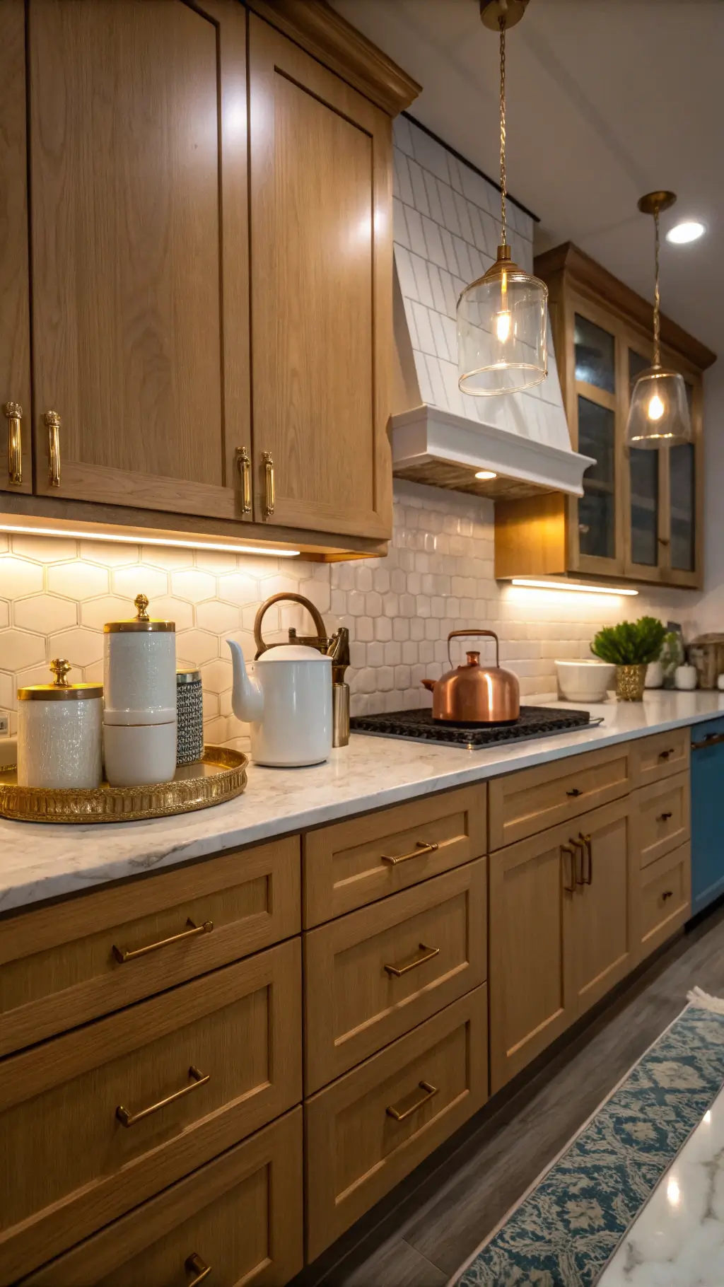 Golden hour kitchen scene with honey oak cabinets, marble countertops, under-cabinet lighting, pendant lights, styled with white ceramic canisters, copper tea kettle, and a vintage runner