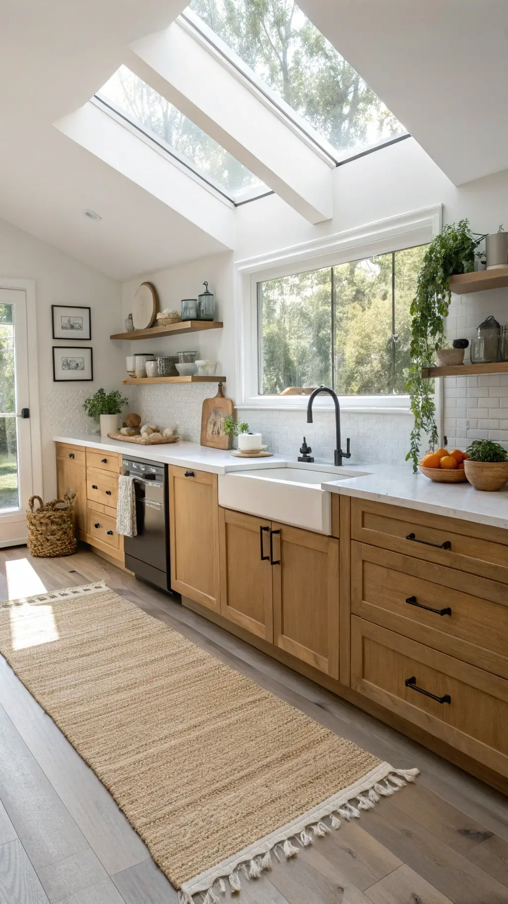 Overhead drone view of a modern farmhouse kitchen with natural light illuminating honey oak and white cabinets, styled with earthenware pottery, fresh herbs and linen tea towels.