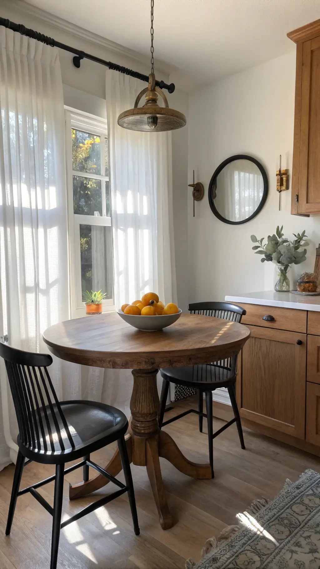 Cozy breakfast nook with modern furniture adjacent to honey oak cabinets, illuminated by afternoon light through sheer curtains, featuring a ceramic bowl of citrus on a round pedestal table.