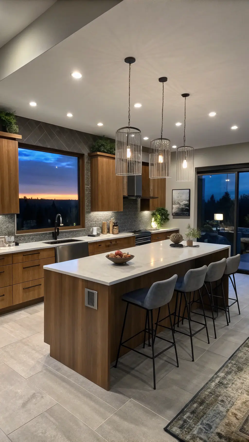 Dramatic twilight kitchen scene with honey oak cabinets, waterfall quartz island, contemporary chrome barstools, minimalist pendant lights, deep charcoal walls, and sleek decor, shot at blue hour