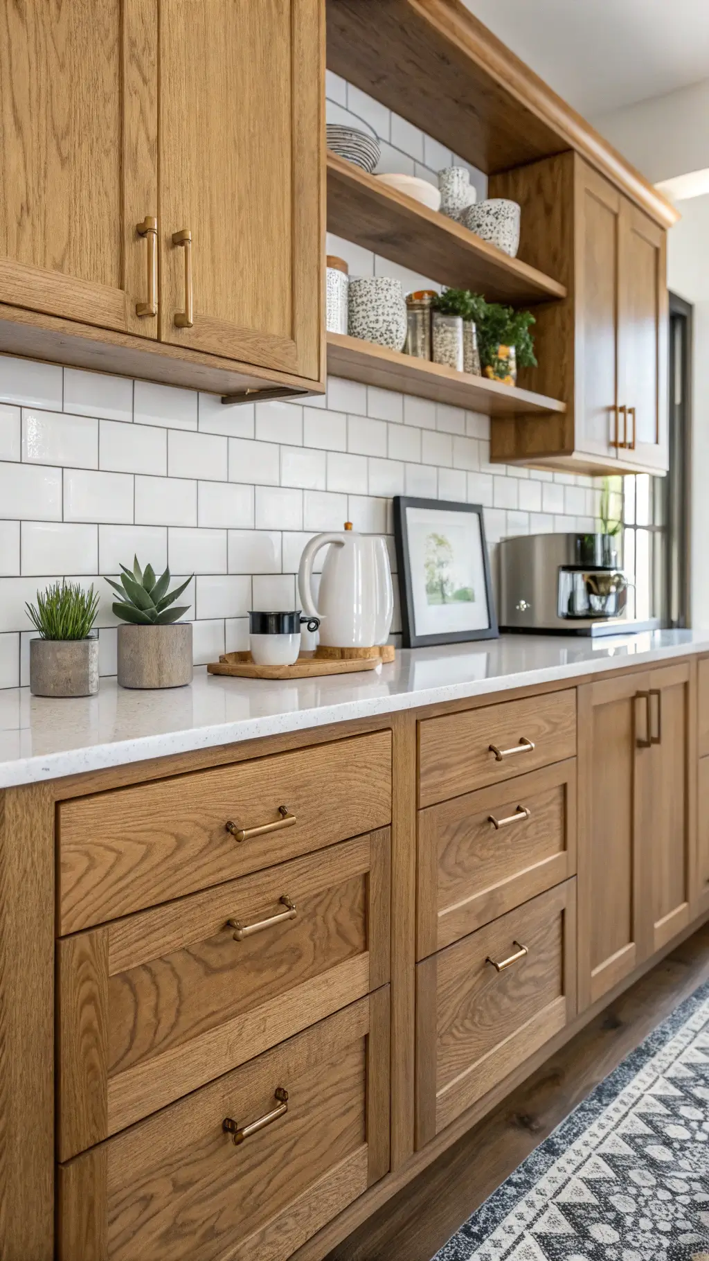 Morning light on honey oak kitchen cabinets with brass hardware, white subway tiles background, and a floating shelf with mugs, coffee maker, and potted succulents