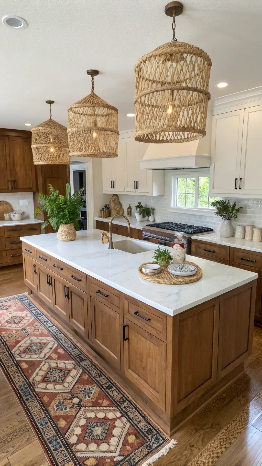 Overhead view of a kitchen island with white quartz top, surrounded by honey oak cabinets, adorned with pottery and fresh greenery, under woven rattan pendants, with a vintage Turkish runner adding color and pattern.