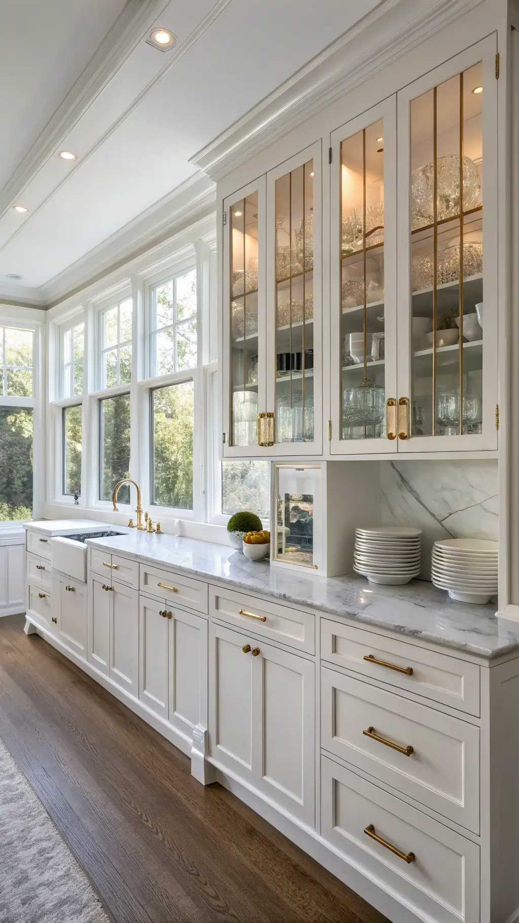 Bright modern kitchen interior with white shaker cabinets, Carrara marble countertops, and organized porcelain dinnerware, lit by morning sunlight and accented with brass hardware, copper cookware, and crystal decanters.