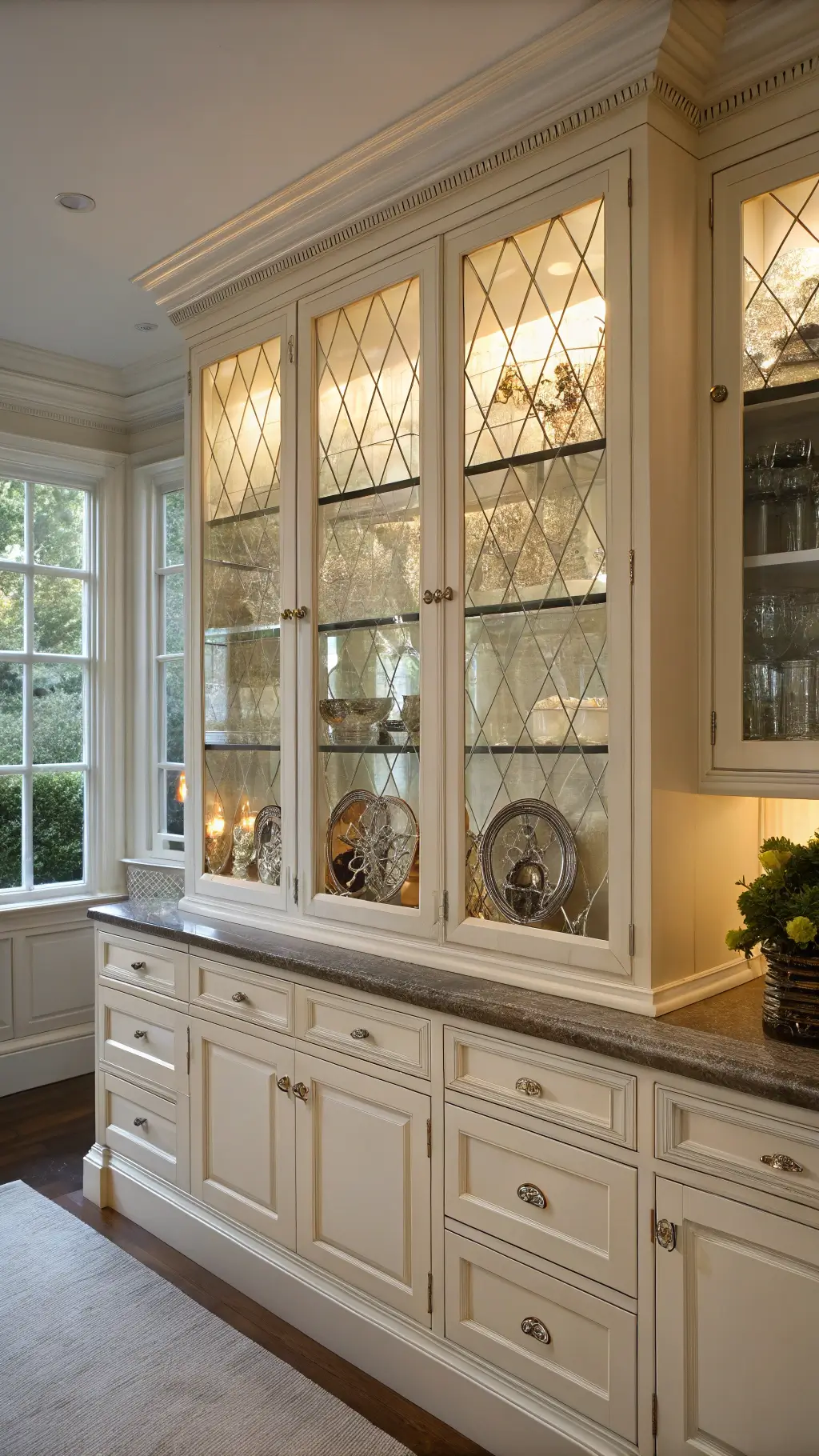 Traditional English kitchen with leaded glass cabinet doors showcasing fine china, enhanced by professional lighting and styled with vintage silverware and crystal stemware.