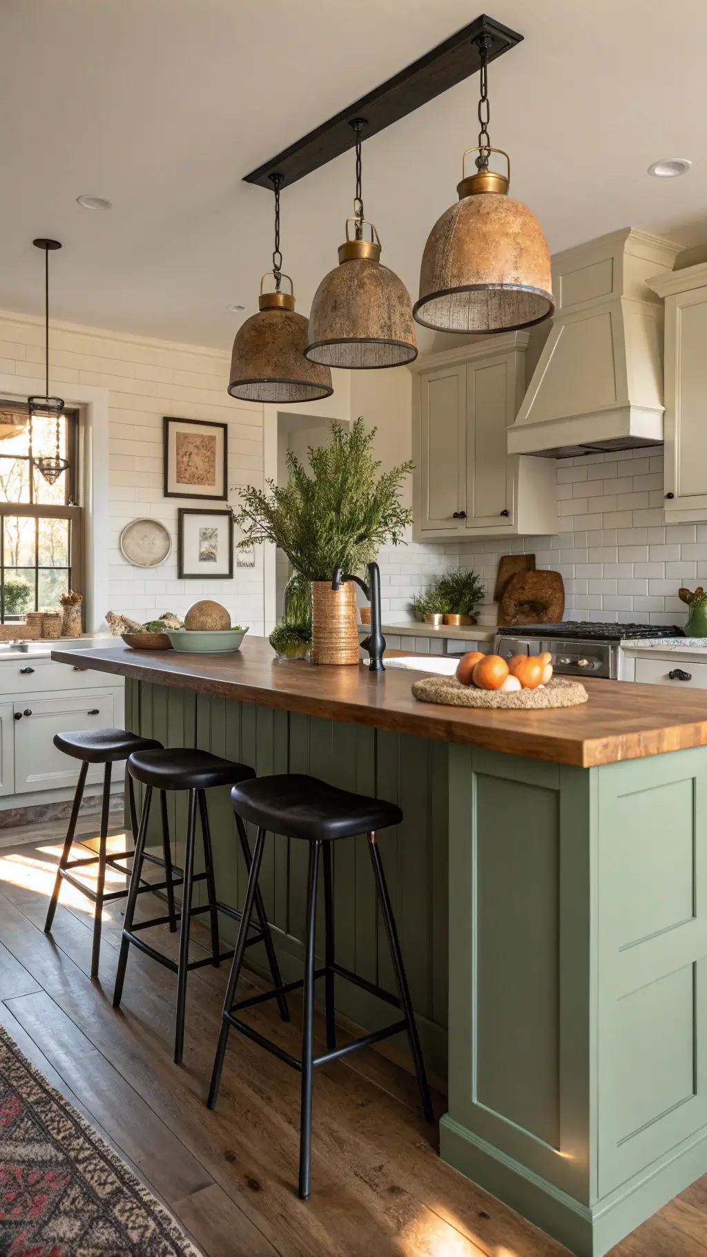 Sage green kitchen island in dramatic afternoon light, topped with butcher block and styled with artisanal pottery and fresh herbs, featuring black metal bar stools and pendant lights with aged brass finish.