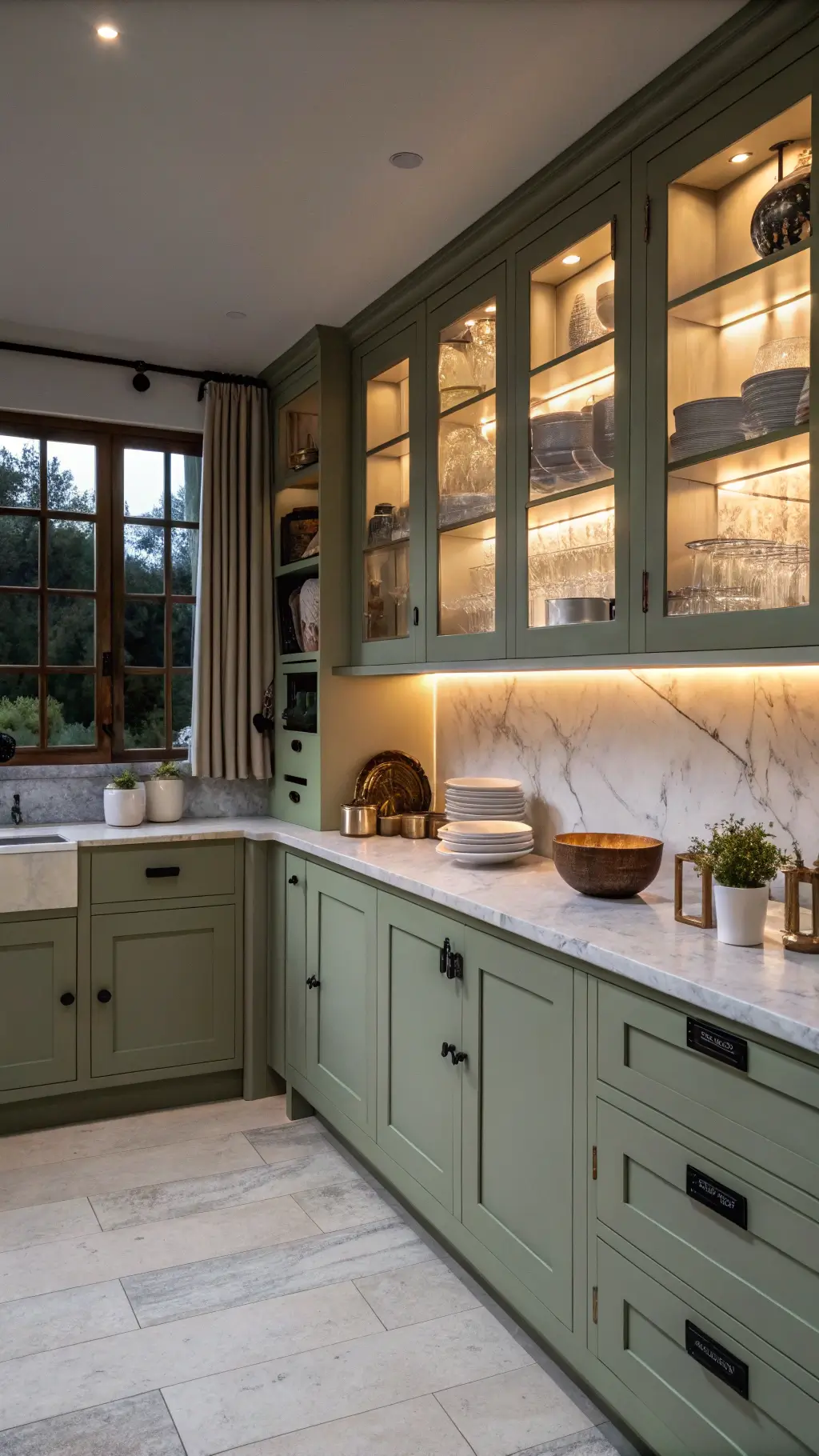 Modern farmhouse kitchen featuring floor-to-ceiling sage cabinets with matte black hardware, white marble backsplash, and open shelving with white dishware, shot at dusk with warm undercabinet LEDs and cool natural light.