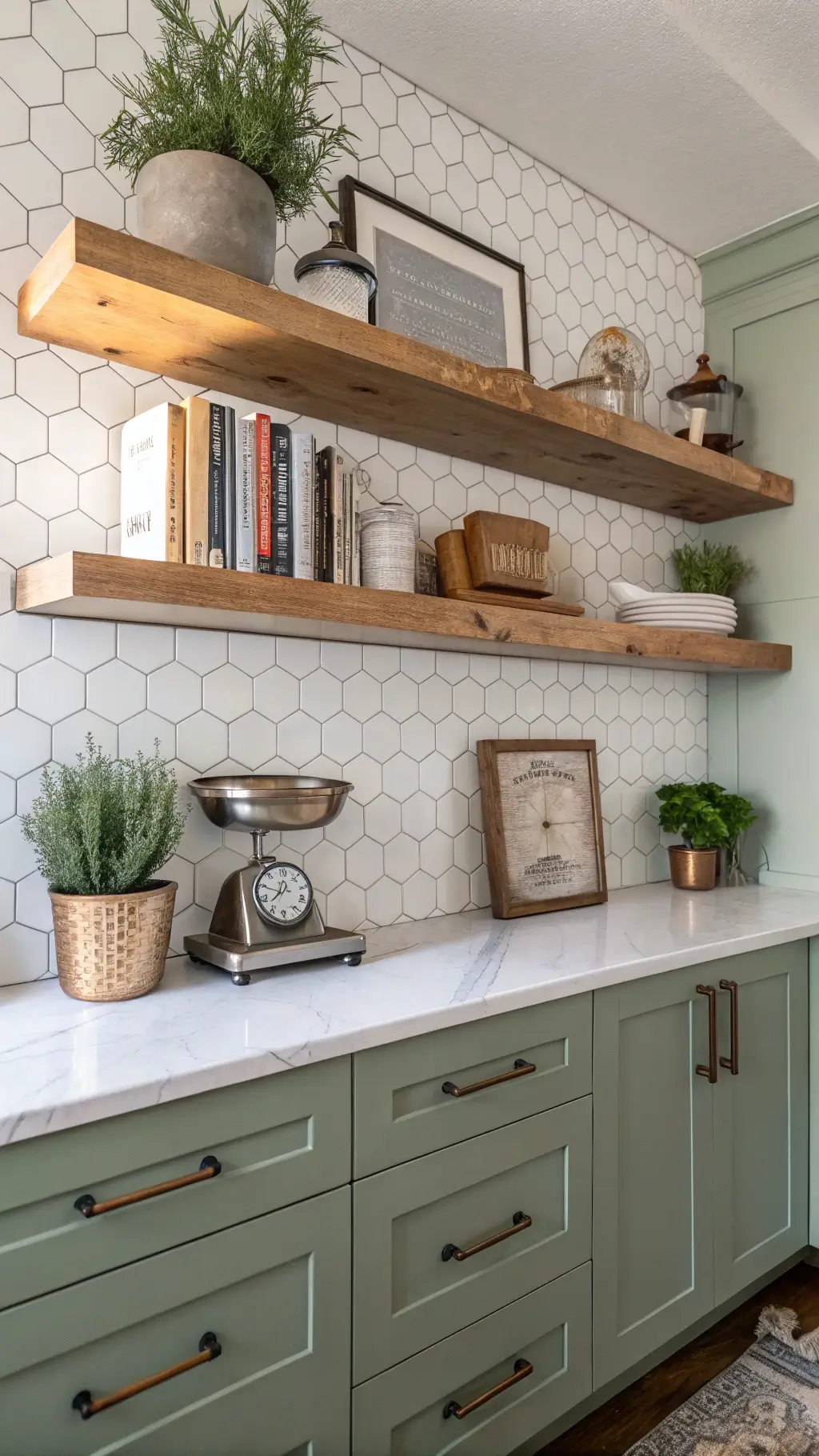 Sage green kitchen corner with floating wooden shelves, subway tile backsplash, and stainless appliances in natural morning light; styled with vintage scales, cookbooks, and potted herbs.