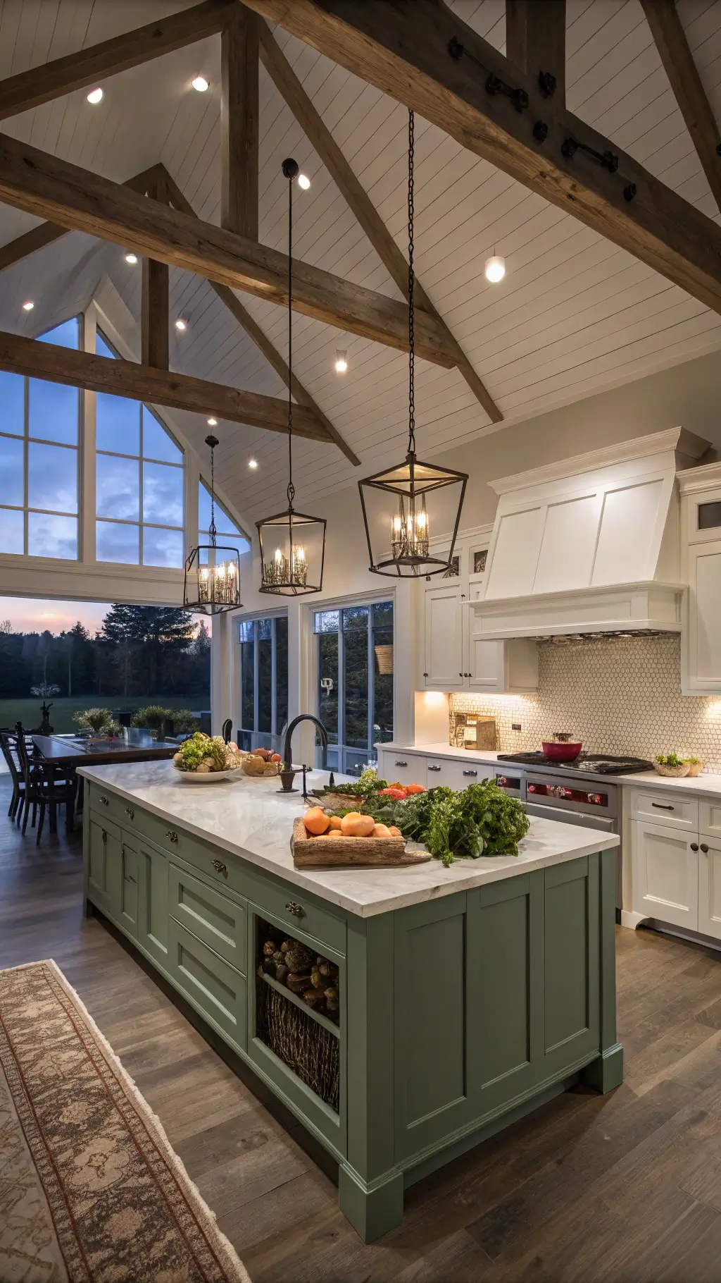 Open-concept kitchen with white cabinets, sage island, exposed beams on the cathedral ceiling, casual dining setup with industrial pendant lights, and fresh vegetables, shot during blue hour with warm lighting at wide angle f/11.