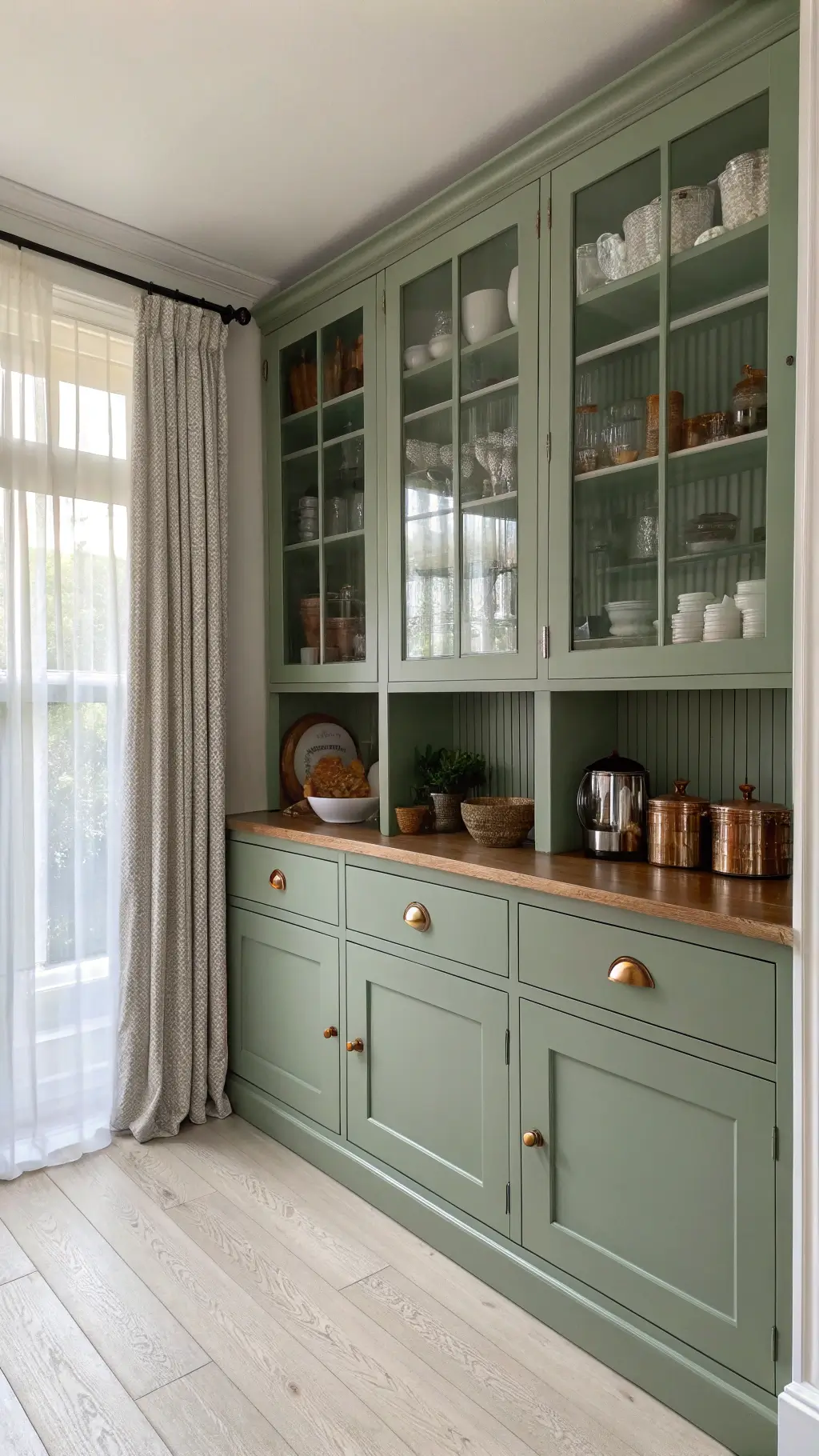 Sage green pantry with glass-front cabinets, clear storage containers, vintage pottery and copper accents in soft morning light