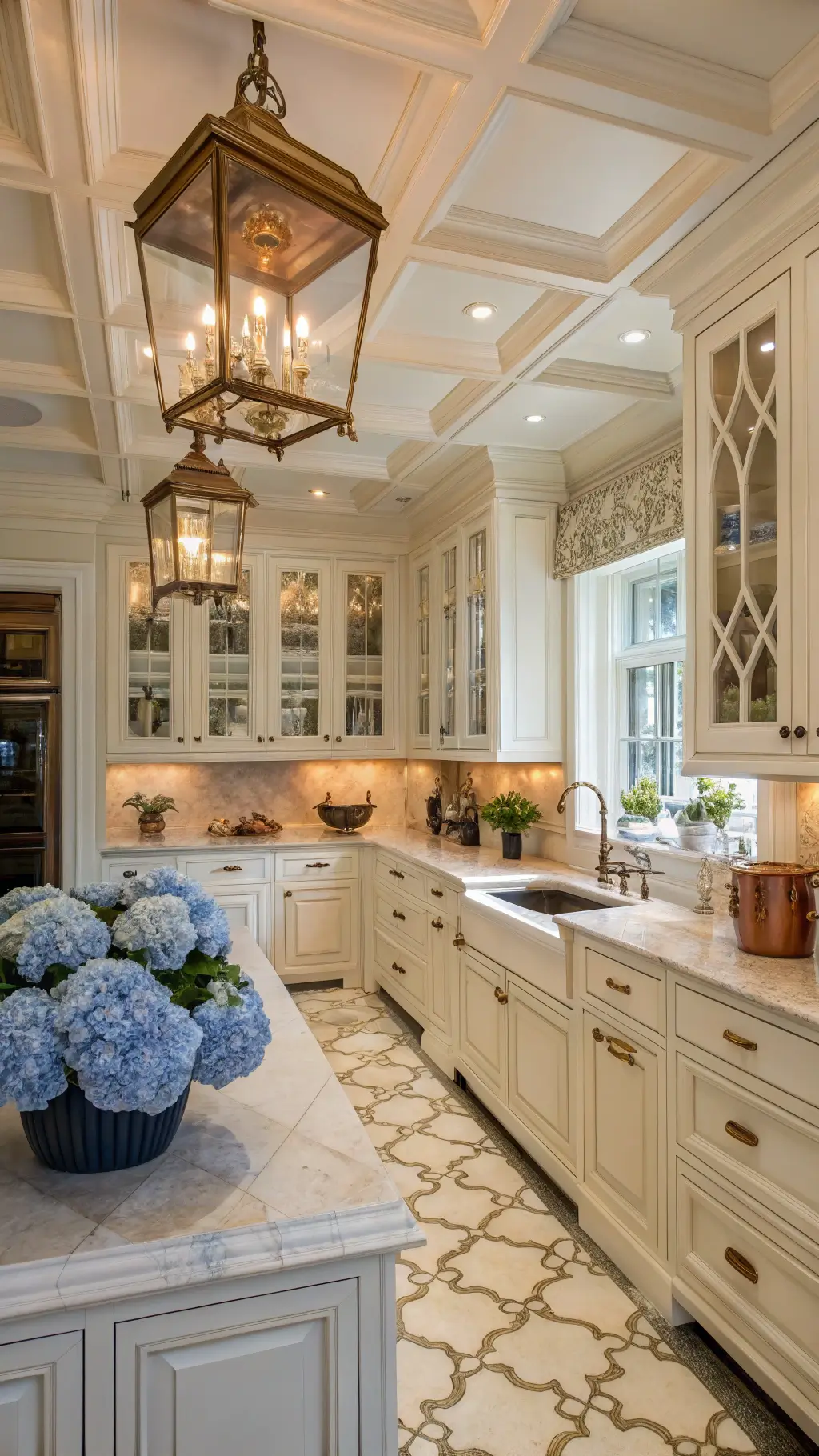 U-shaped kitchen with antique white cabinets, cream marble counters, herringbone tile floor, brass lantern pendants, and copper accents, decorated with blue-and-white chinoiserie and fresh hydrangeas, lit by soft diffused afternoon light.