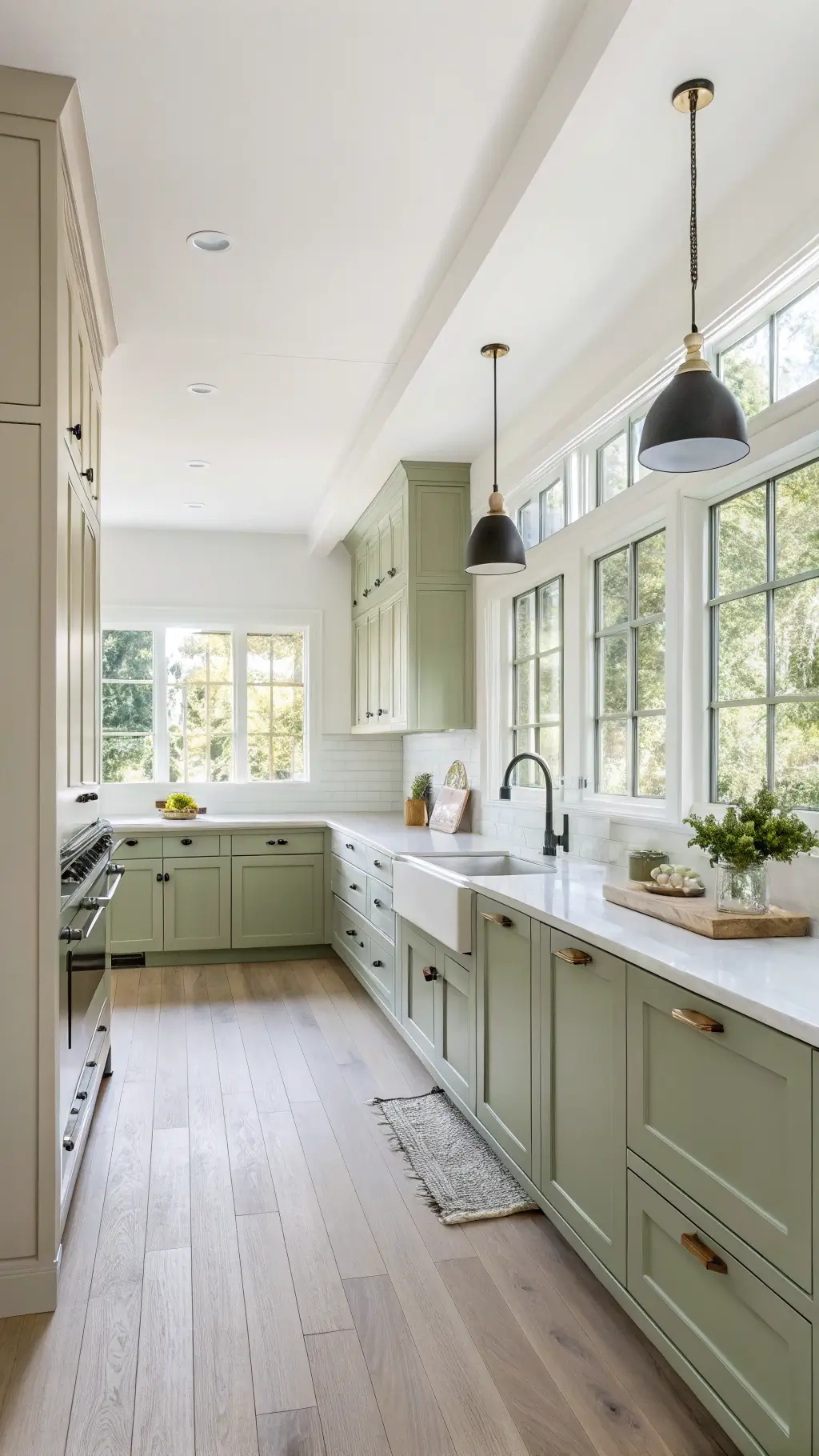 Bright, airy 10x12ft Scandinavian-inspired kitchen with light olive green cabinets, white marble countertops, pale oak flooring, ceramic pendant lights, and minimal decor, illuminated by northern light from floor-to-ceiling windows and cool LED fills.