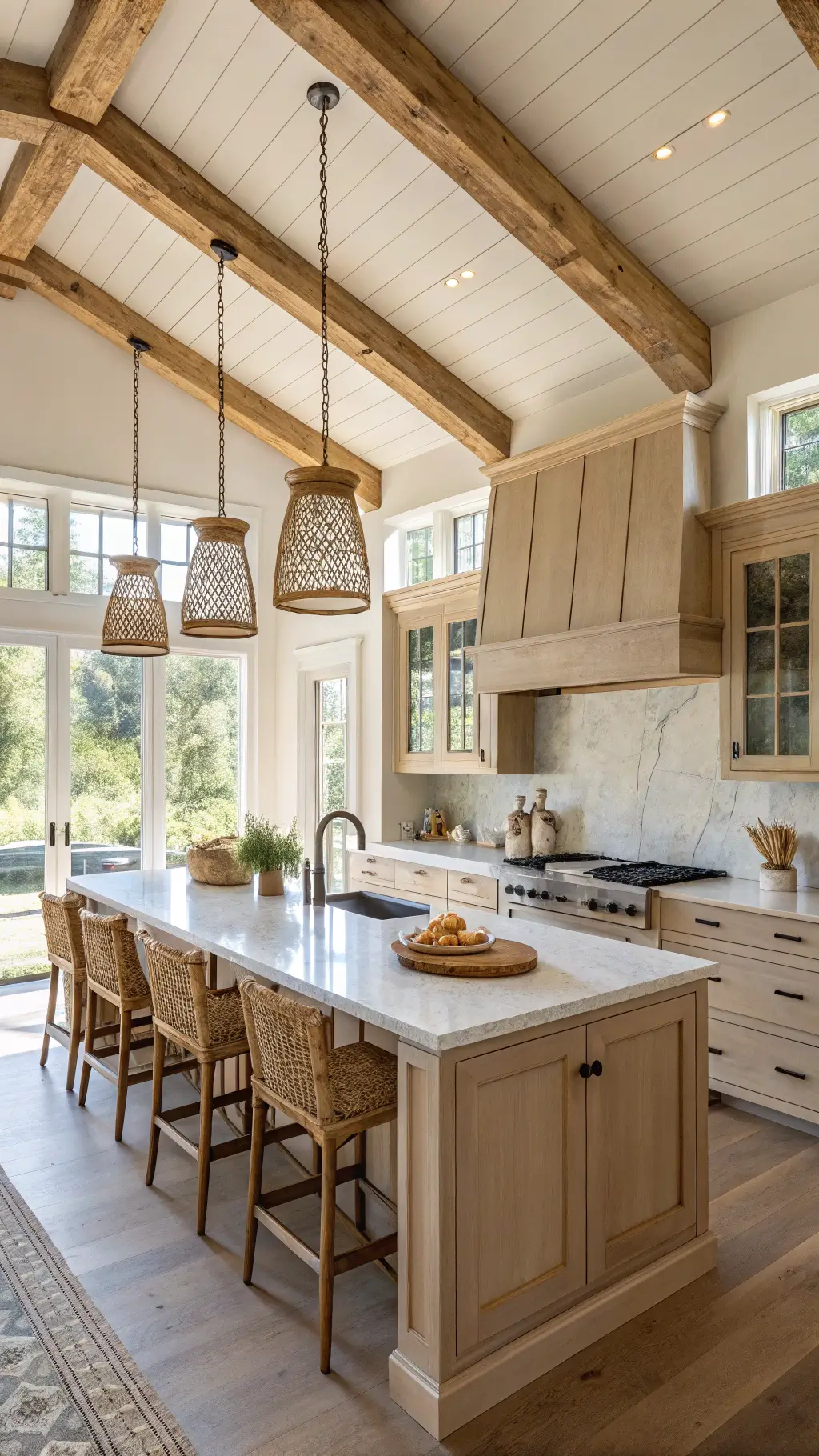Sunlit modern farmhouse kitchen with beige Shaker-style cabinets, honed Carrara marble countertops, large center island with brass pendants, seagrass barstools, and wooden elements.