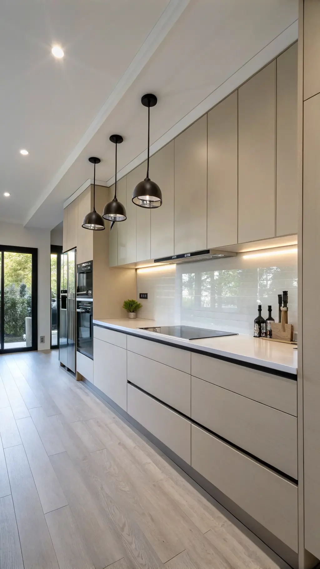 Stylish 12x18ft minimalist kitchen with floor-to-ceiling cool beige cabinets, glossy white quartz countertops, blackened steel hardware, and smoked glass pendant lights beautifully styled with geometric ceramics.
