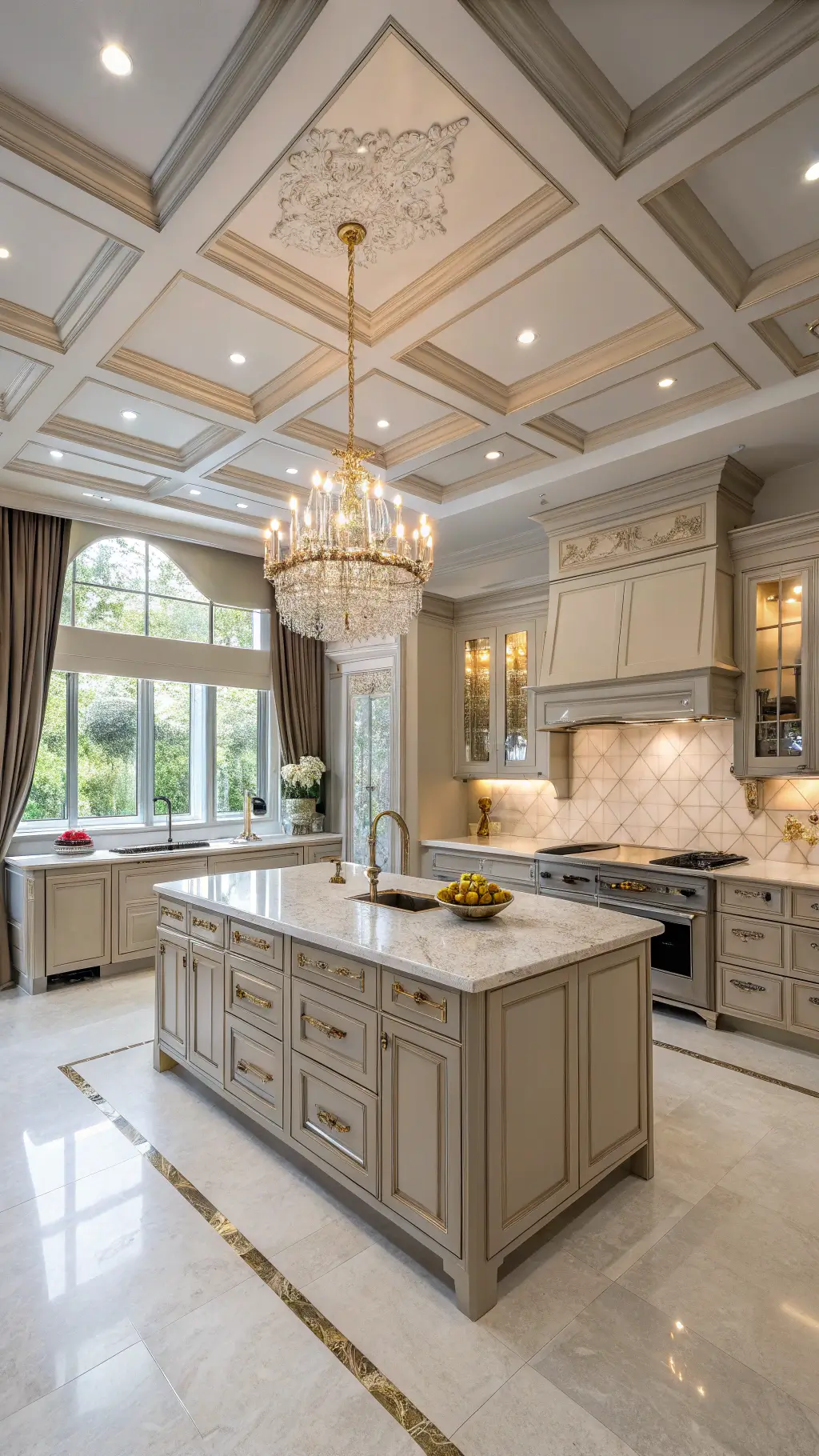 Spacious transitional luxury kitchen with greige cabinets, calacatta gold marble waterfall island, brass fixtures, and silk drapery illuminating under crystal chandelier and recessed lighting