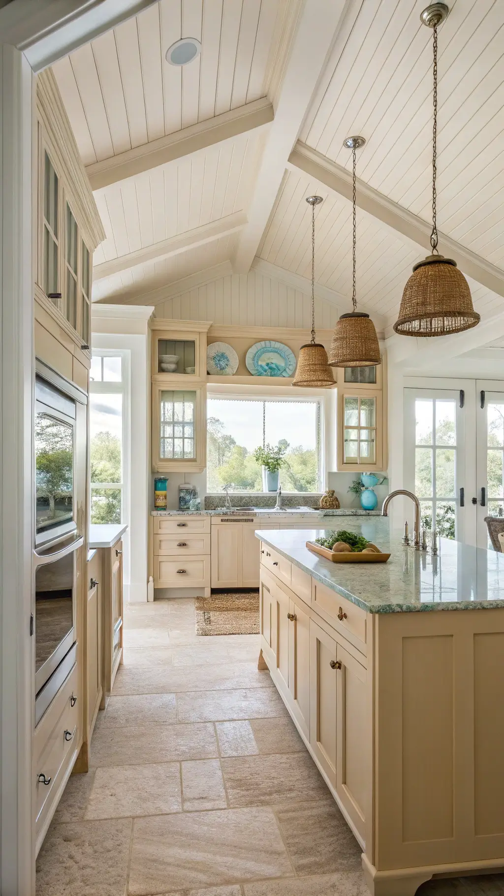 Beige coastal kitchen with glass front cabinets, limestone counters, rattan pendant lights, and pale blue accessories creating a seaside ambiance; shot from doorway entrance with morning light coming through white-trimmed windows.