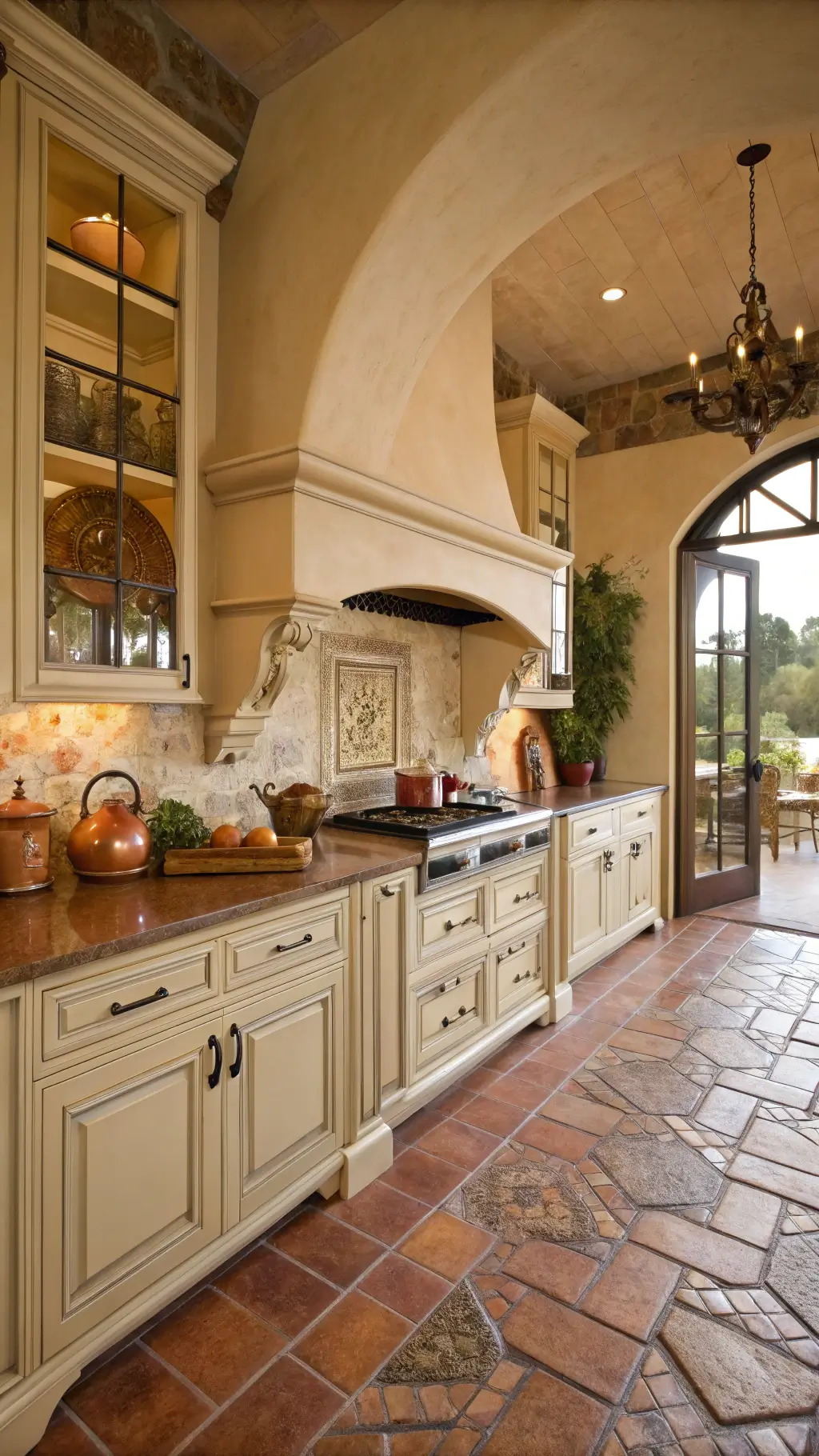 Mediterranean kitchen with arched doorway, terracotta floors, beige distressed cabinets with bronze hardware, tumbled stone backsplash, and decor items like copper pots, earthenware and fresh herbs in golden hour light