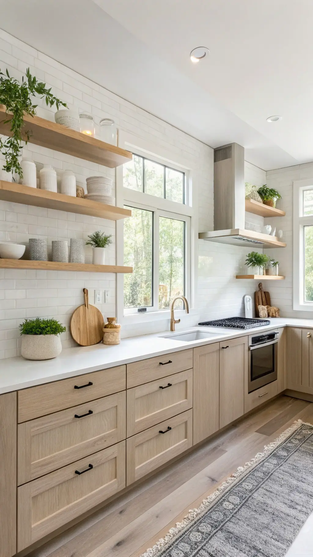 Scandinavian modern kitchen with greige cabinets, blonde wood accents, and white oak shelves, brightly lit by diffused northern light from frosted windows, adorned with white ceramics and potted greenery.