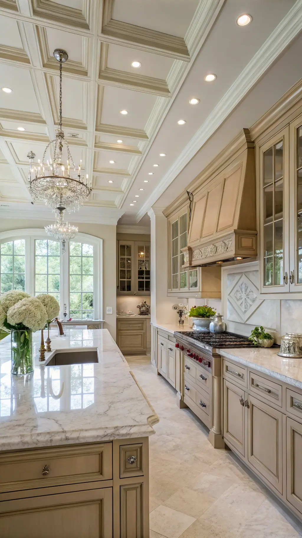 Elegant 18x22ft traditional kitchen with warm beige inset cabinets, crystal knobs, corbel details, antique mirror backsplash, Carrara marble surfaces, silver serving pieces, white hydrangeas, and coffered ceiling detail, lit by afternoon light from French doors.