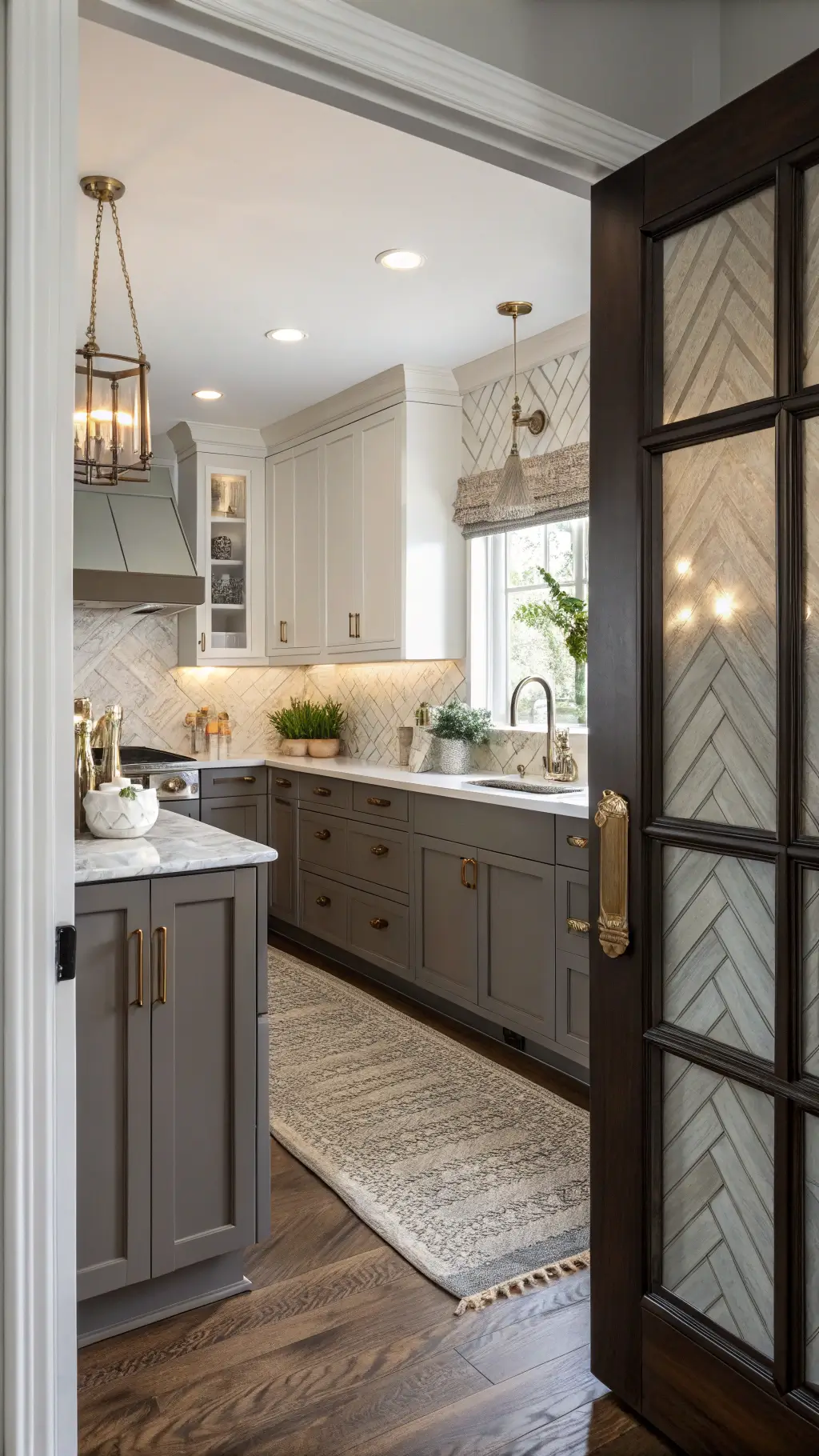 Elegant mid-sized kitchen featuring espresso lower cabinets, dove grey upper cabinets, marble herringbone backsplash, brass fixtures, white ceramics, glass canisters and potted orchids.