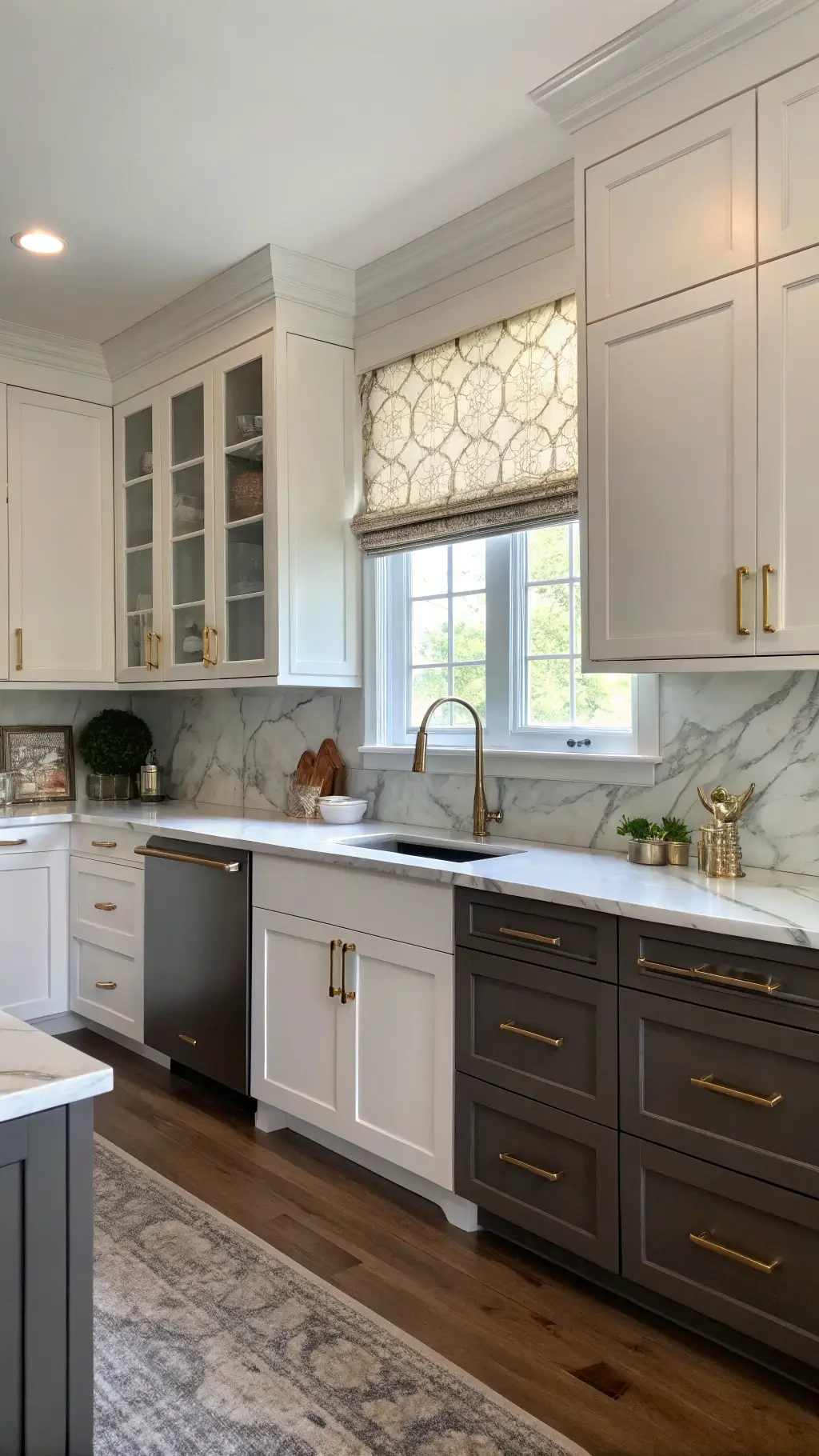 Transitional style kitchen with Iron Ore base and white upper cabinets, brass hardware, marble backsplash extending to ceiling, hidden storage, under-cabinet lighting, viewed in soft morning light through roman shades.