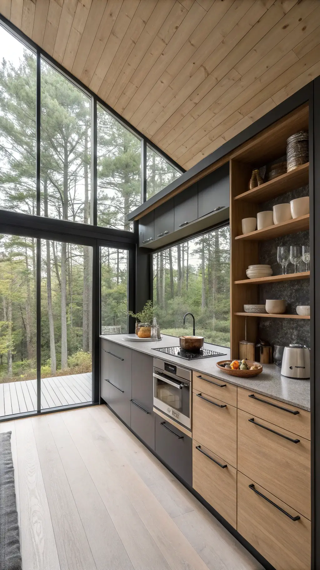Nordic-inspired kitchen with Iron Ore cabinets, pale wood accents, floor-to-ceiling windows showcasing forest views, integrated appliances, white oak open shelving with minimalist ceramics, with the camera capturing nature's reflection in glass cabinet fronts under soft, diffused natural light.