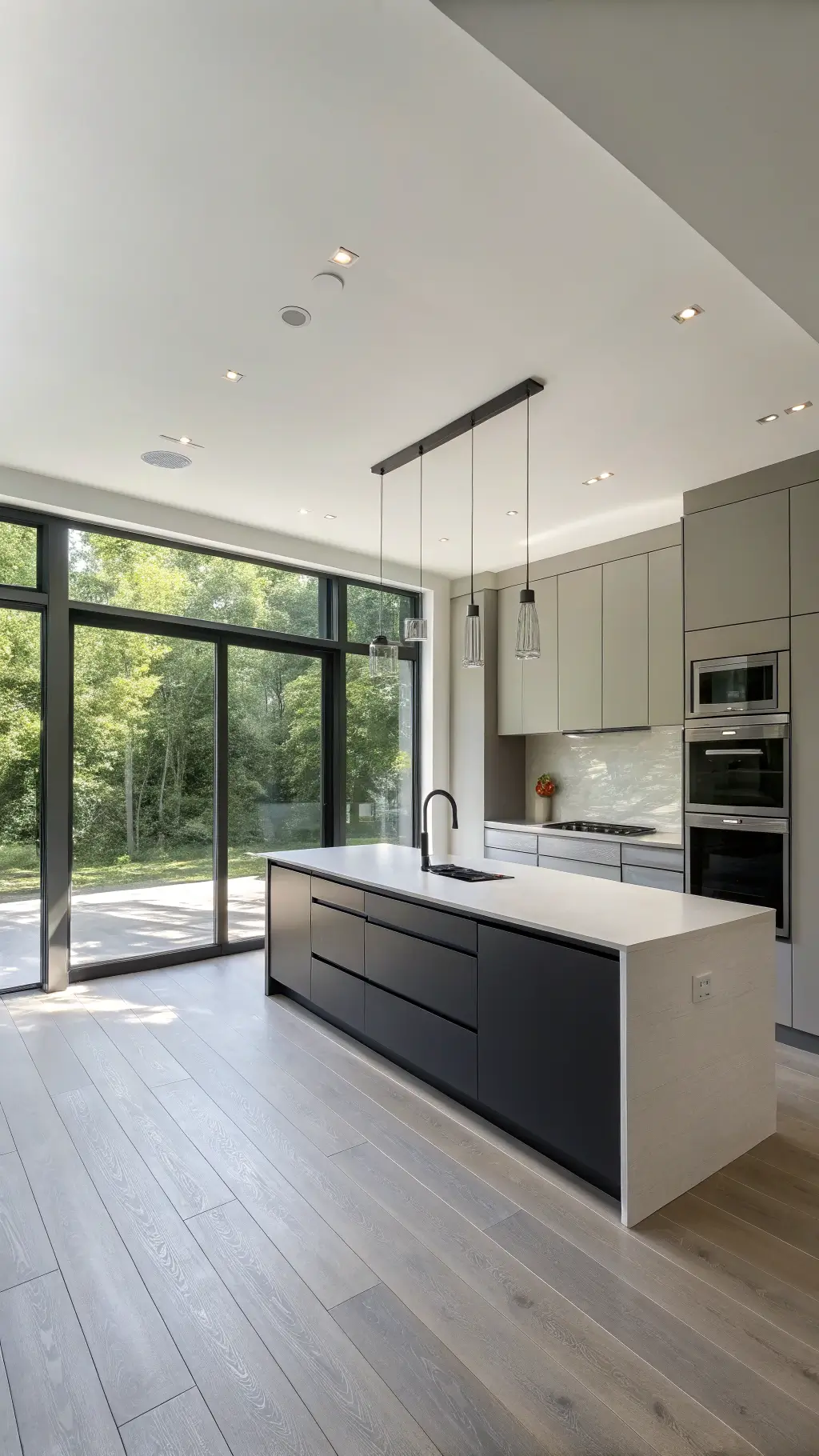 Modern minimalist kitchen with floor-to-ceiling windows, charcoal and white cabinetry, a centered island with white quartz top, stainless steel appliances, and pendant lights.