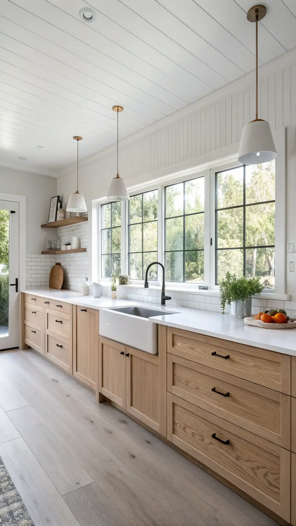 Bright and serene 16x12ft Scandinavian kitchen with pale oak lower cabinets, pure white upper cabinets, stone countertops, and gray painted walls, filled with morning light, captured via a wide-angle lens.