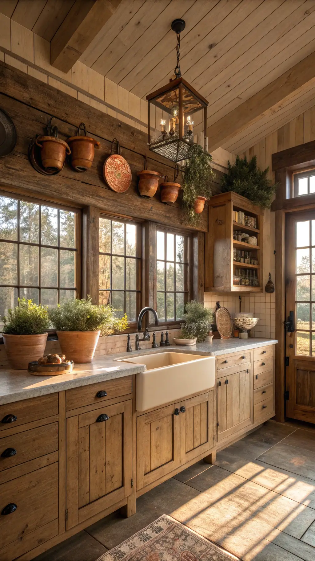 Cozy farmhouse kitchen with knotty alder cabinets, shiplap ceiling, distressed bronze cabinet pulls, vintage copper pots, cream ceramic sink, and terracotta herbs, lit by golden hour sunlight casting dramatic shadows through mullioned windows.