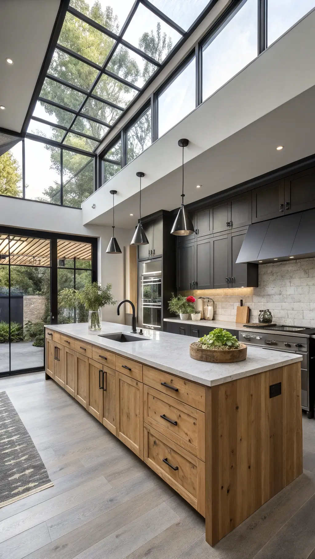 Overhead view of a contemporary open-concept kitchen with mixed clear and knotty alder cabinetry, a waterfall island, black steel windows, under-cabinet LED lighting, and minimalistic geometric ceramics and plants.