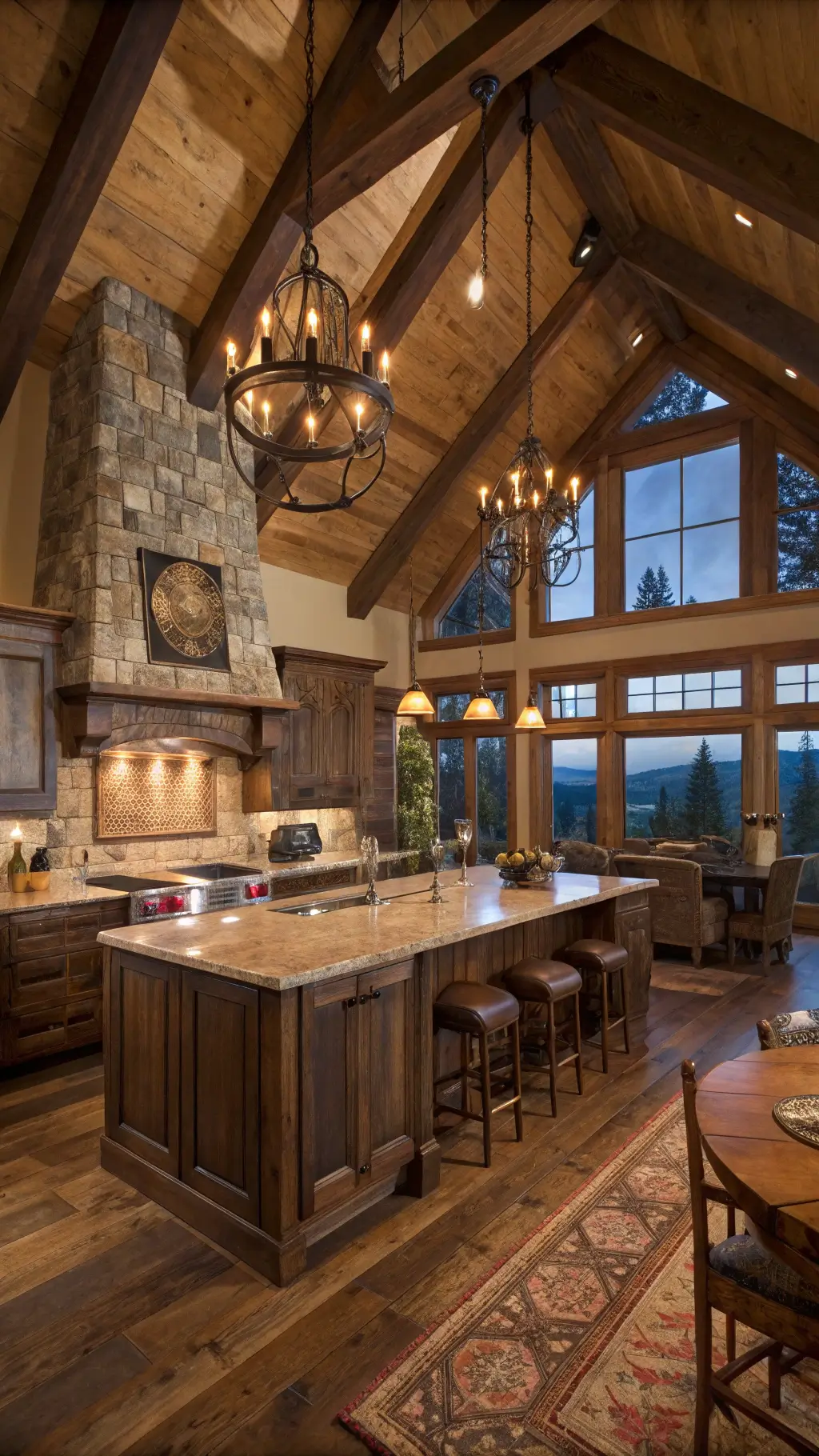 Rustic mountain lodge kitchen with knotty alder cabinets, high peaked ceiling with exposed timber trusses, clerestory windows at dusk, stone accent wall with copper range hood, heavy wrought iron fixtures, leather bar stools and antler chandelier casting intricate shadows.