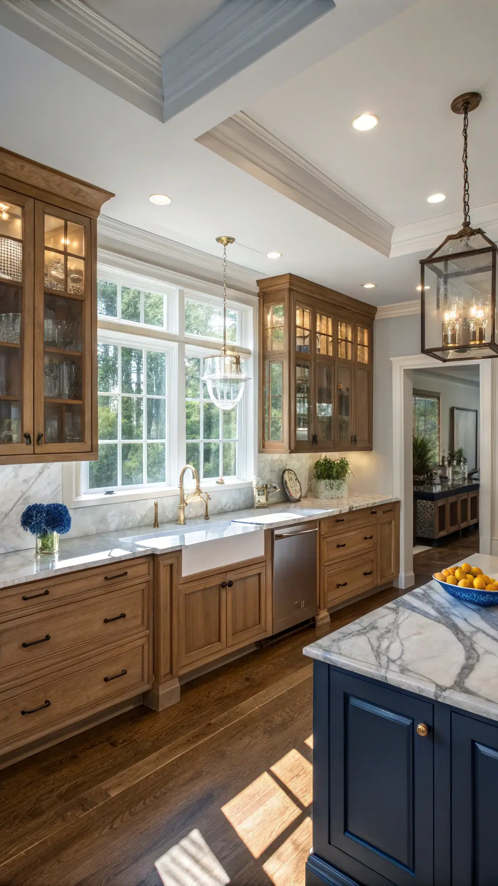 Transitional kitchen with clear and knotty alder elements, 14-foot tray ceiling with recessed lights, marble backsplash with brass inlay, and navy blue island with fresh white flowers and polished nickel accents, viewed from breakfast nook with late afternoon lighting