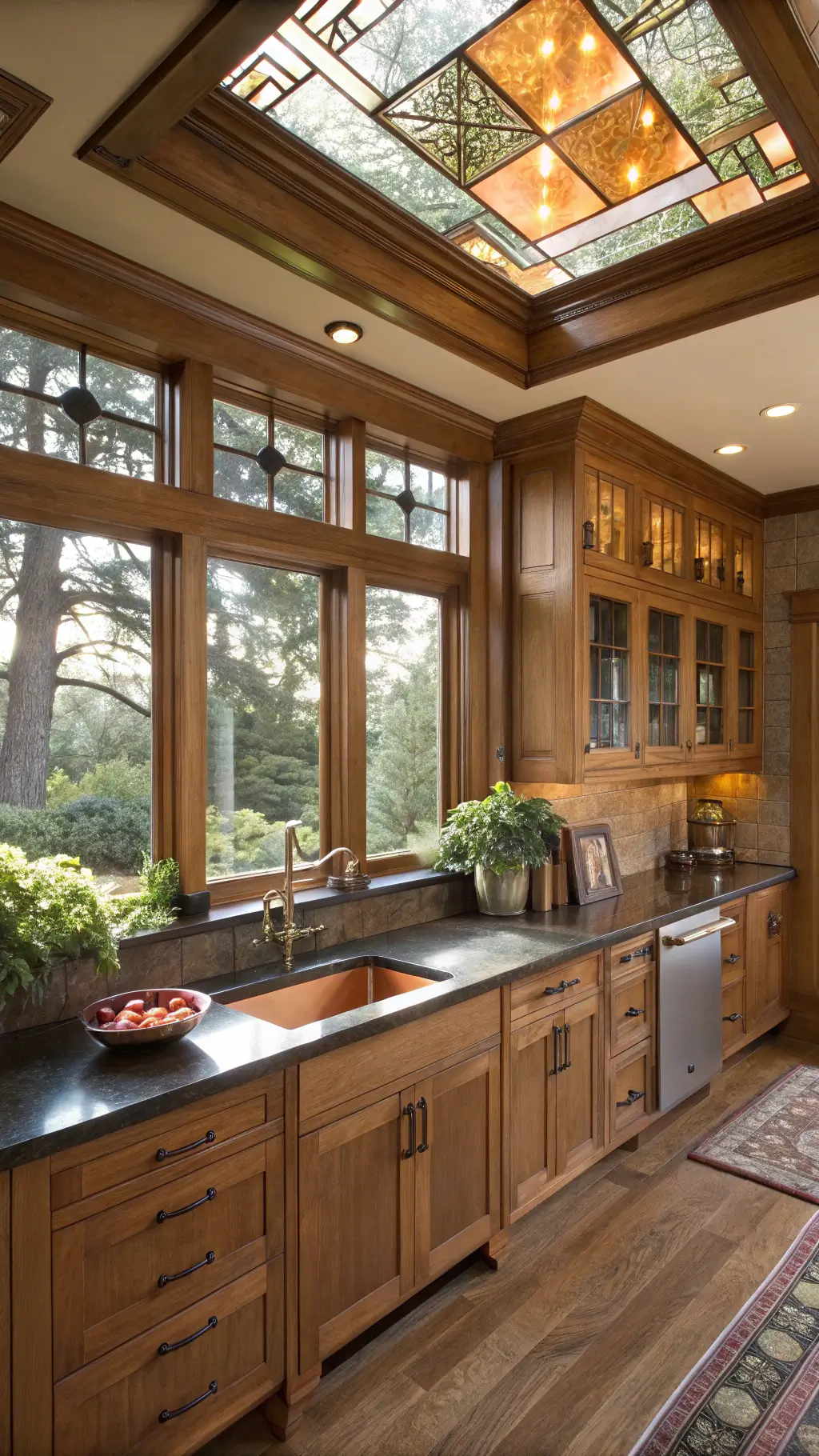 Modern craftsman kitchen with natural alder finishes, art glass inserts in a 12-foot coffered ceiling, soapstone counters, copper sink, built-in cabinet with artisan hardware, surrounded by green plants and leather-bound books, all under soft mid-morning light filtered through trees.