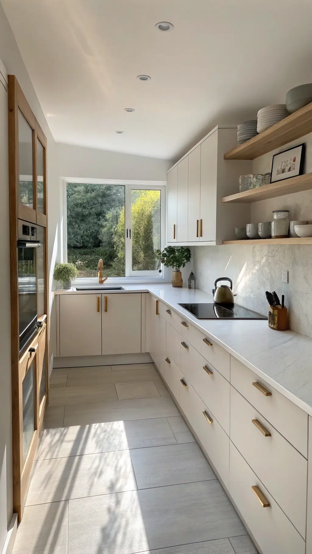 Bright, morning-lit Scandinavian kitchen with white cabinets, soft white quartz countertops, and oak open shelving displaying minimalist ceramic vessels.
