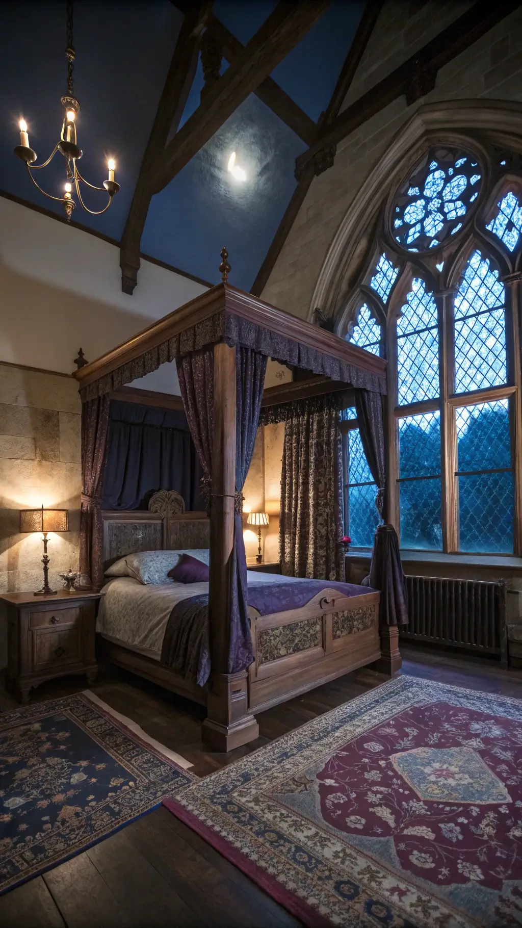 Gothic-style bedroom at midnight with moonlight shining through window panes, featuring a carved wooden bed with plum and charcoal linens, Persian rugs, wrought iron sconces, and dried rose garlands.