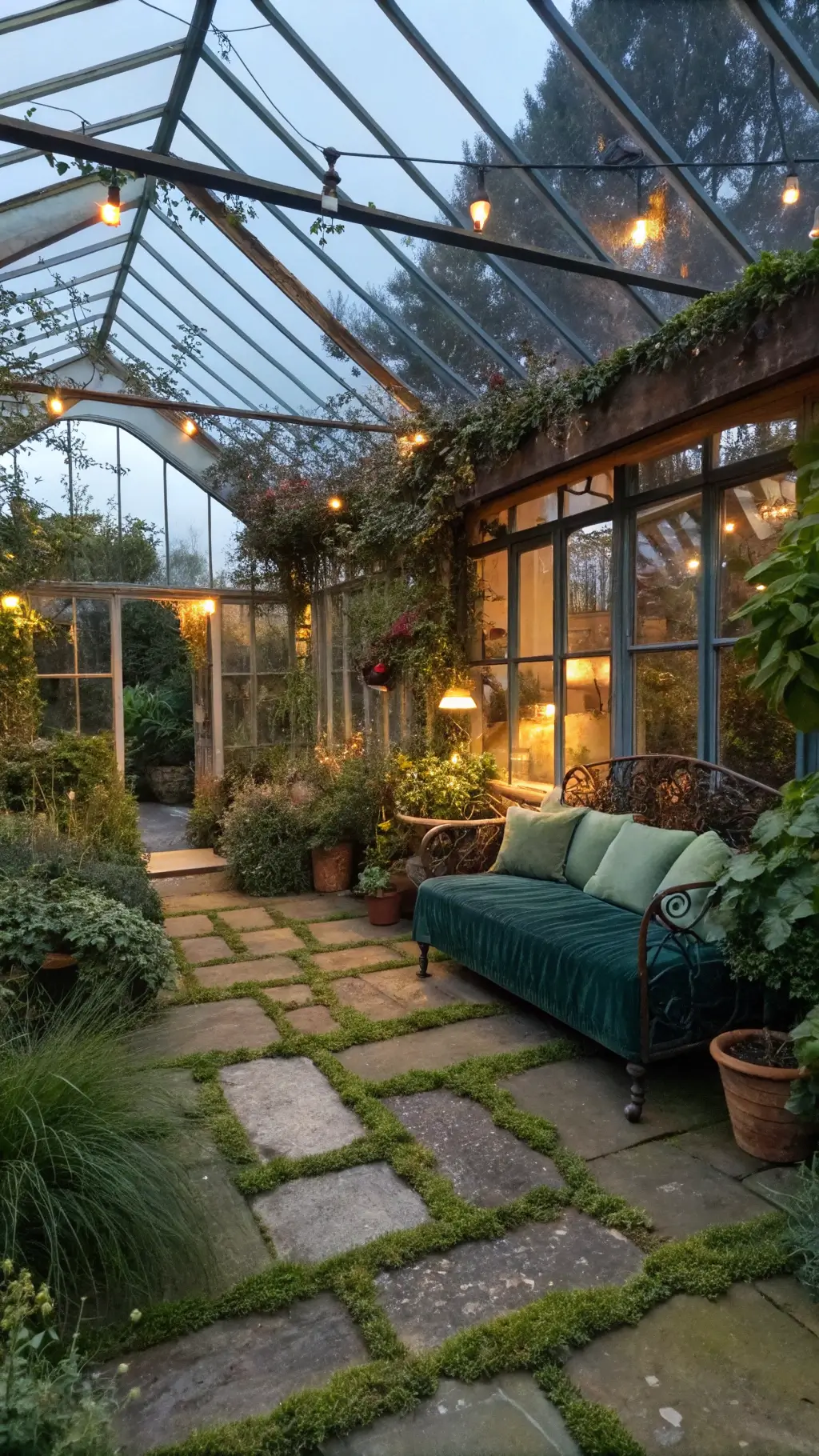 Victorian conservatory at dusk, filled with overgrown plants, vintage botanical specimens, and an antique iron daybed covered in green velvet; crystal prisms casting rainbow shadows, and climbing vines in terra cotta pots against a moss-covered stone floor, all under a detailed glass ceiling – shot in natural blue hour light mixed with warm lamp glow.