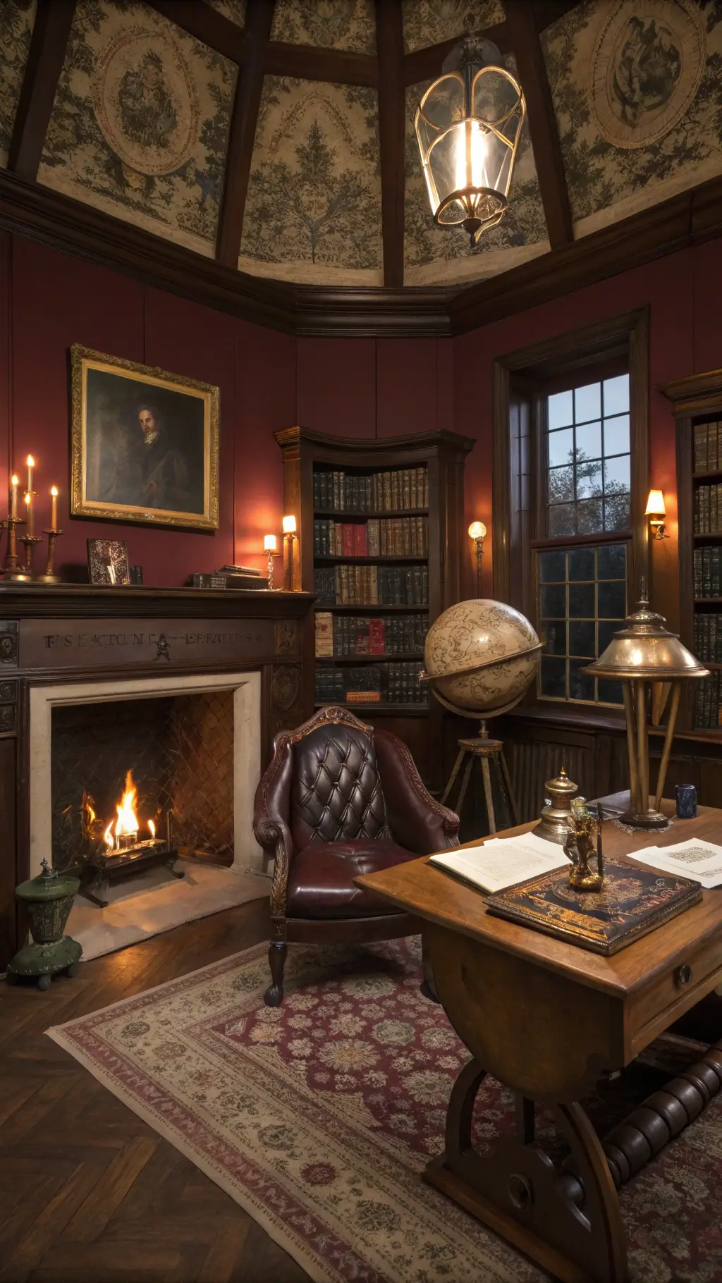 A dimly lit circular alchemist's study at midnight, filled with antique globe, brass instruments, botanical prints, and worn leather chairs around a black marble fireplace, captured from a desk's height emphasizing the room's flow.