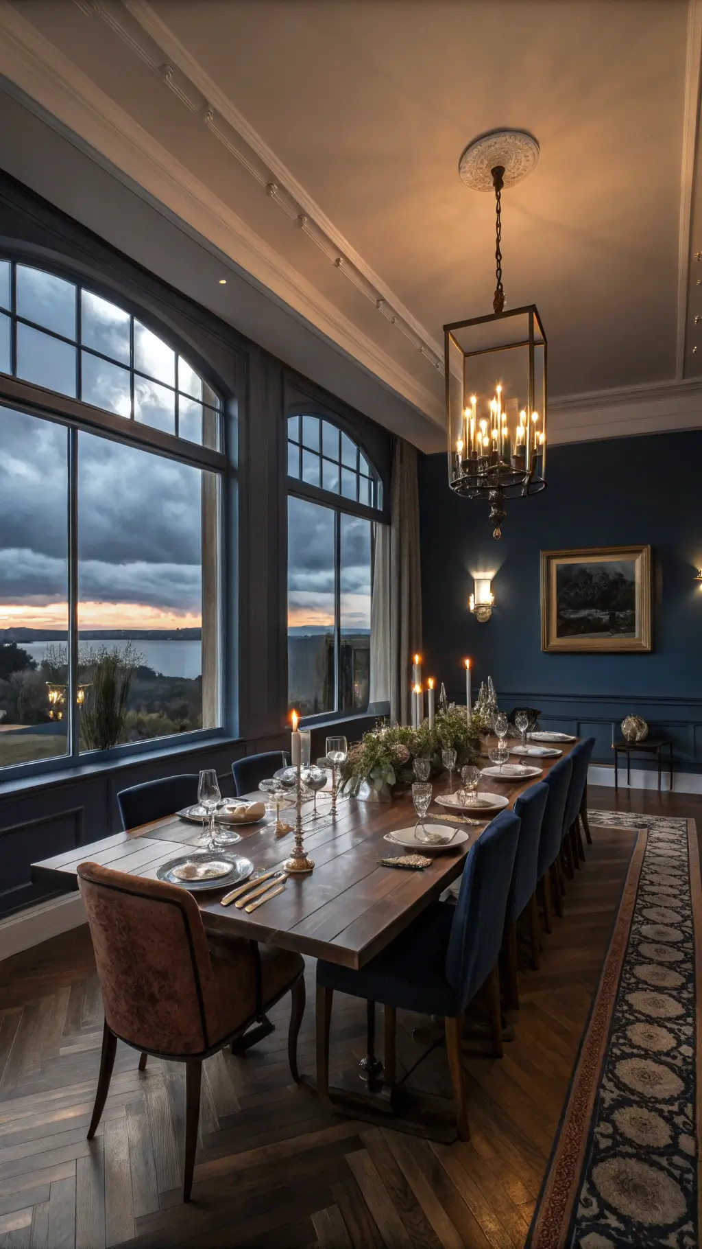 Stormy afternoon in a 16x14ft botanical dining room with a dark walnut table set for eight, adorned with vintage linens and black candles, surrounded by walls lined with framed pressed botanical specimens. Crystal decanters catch diffused flashes of lightning through the window.